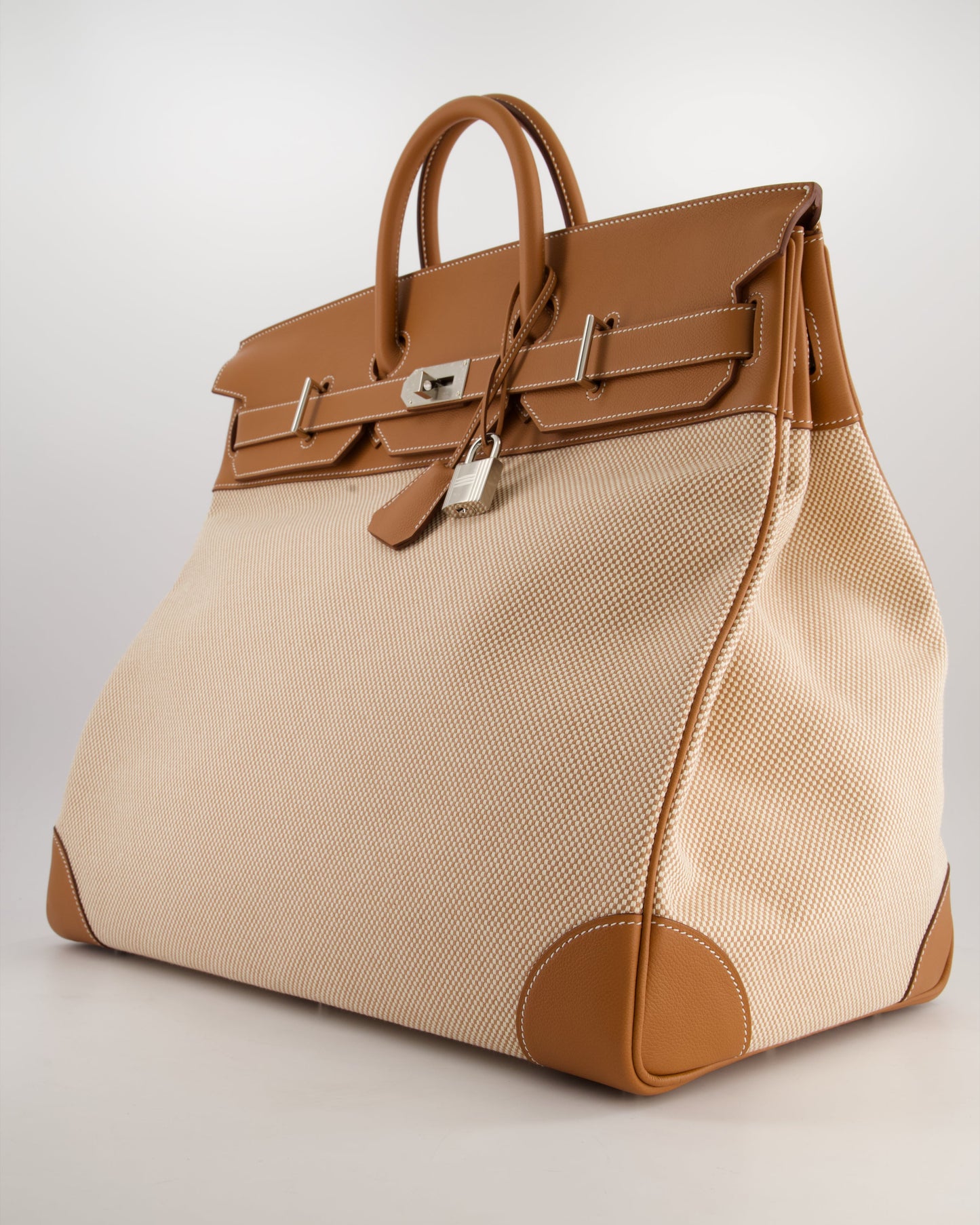 *RARE* Hermès Haut à Courroies HAC 50 Bag in Gold Evercolour Leather & Écru/Beige Toile Cross Canvas with Palladium Hardware