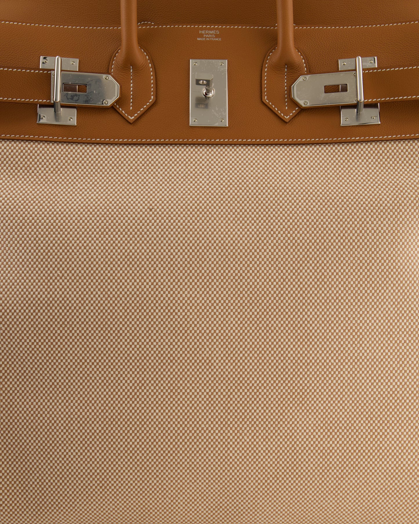*RARE* Hermès Haut à Courroies HAC 50 Bag in Gold Evercolour Leather & Écru/Beige Toile Cross Canvas with Palladium Hardware