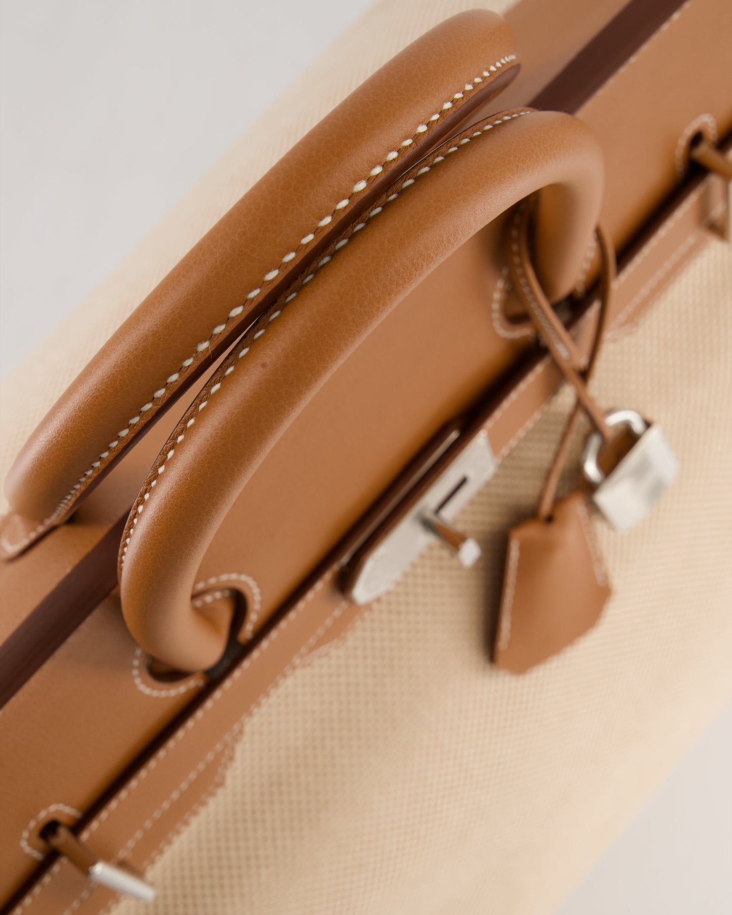 *RARE* Hermès Haut à Courroies HAC 50 Bag in Gold Evercolour Leather & Écru/Beige Toile Cross Canvas with Palladium Hardware