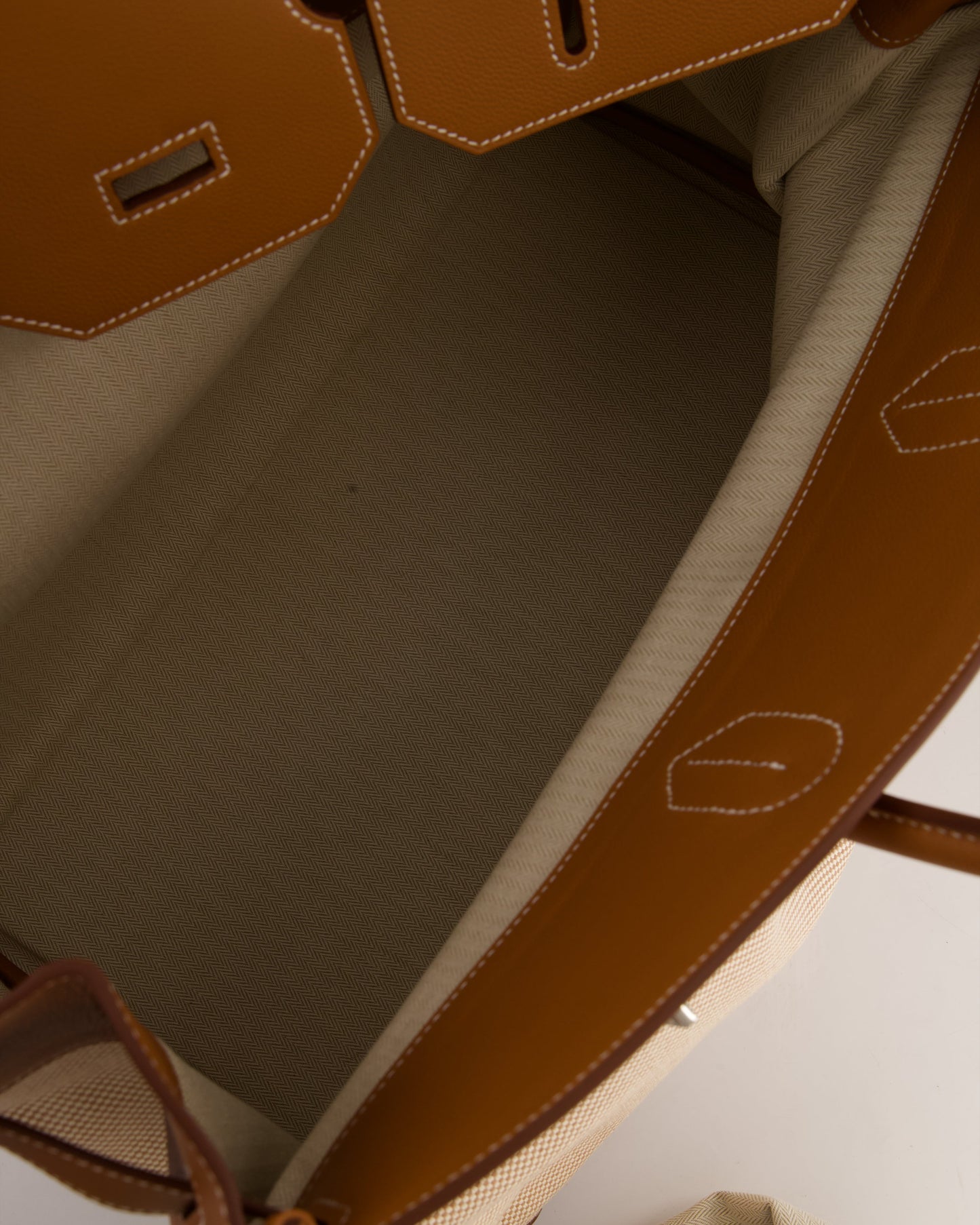 *RARE* Hermès Haut à Courroies HAC 50 Bag in Gold Evercolour Leather & Écru/Beige Toile Cross Canvas with Palladium Hardware
