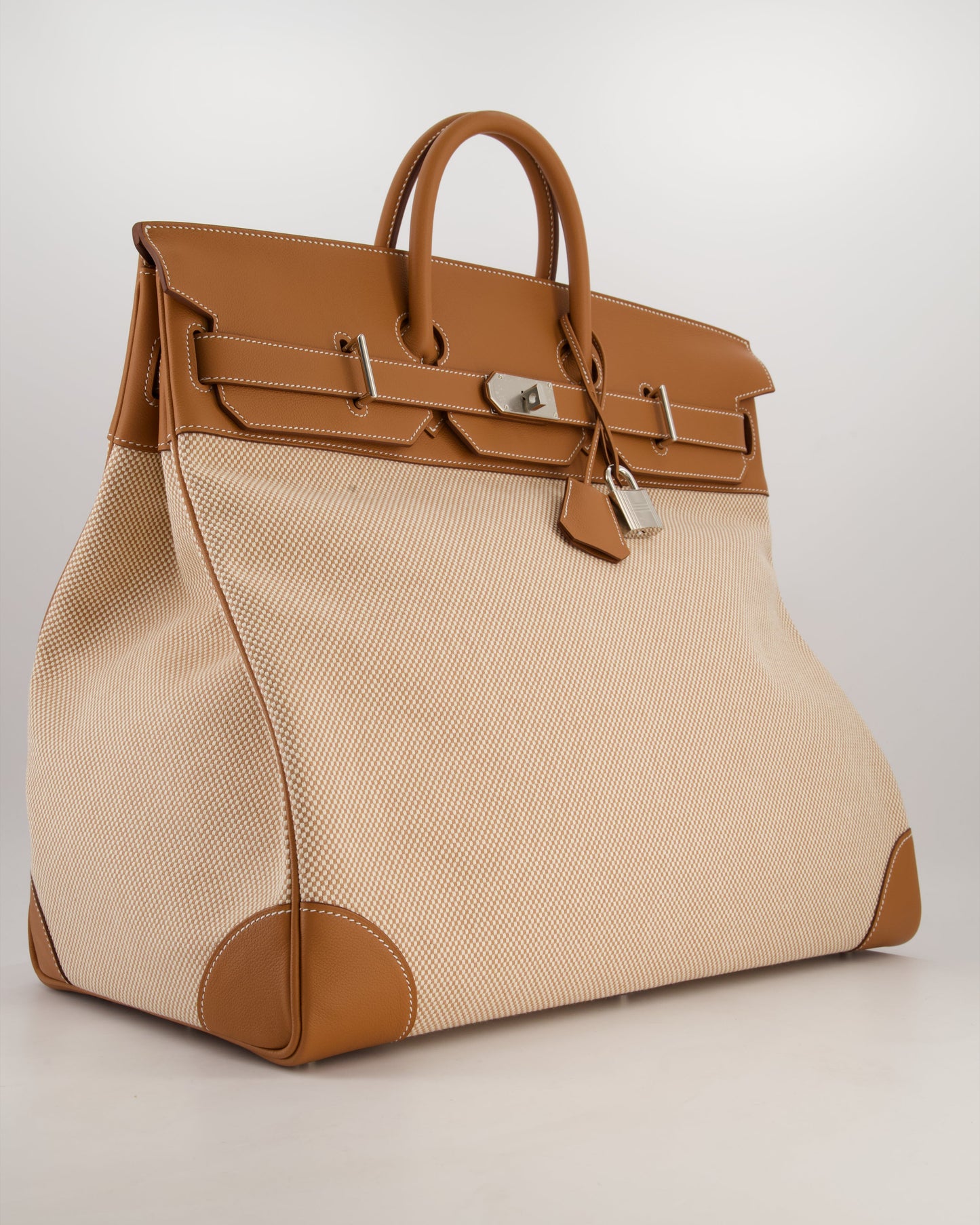 *RARE* Hermès Haut à Courroies HAC 50 Bag in Gold Evercolour Leather & Écru/Beige Toile Cross Canvas with Palladium Hardware