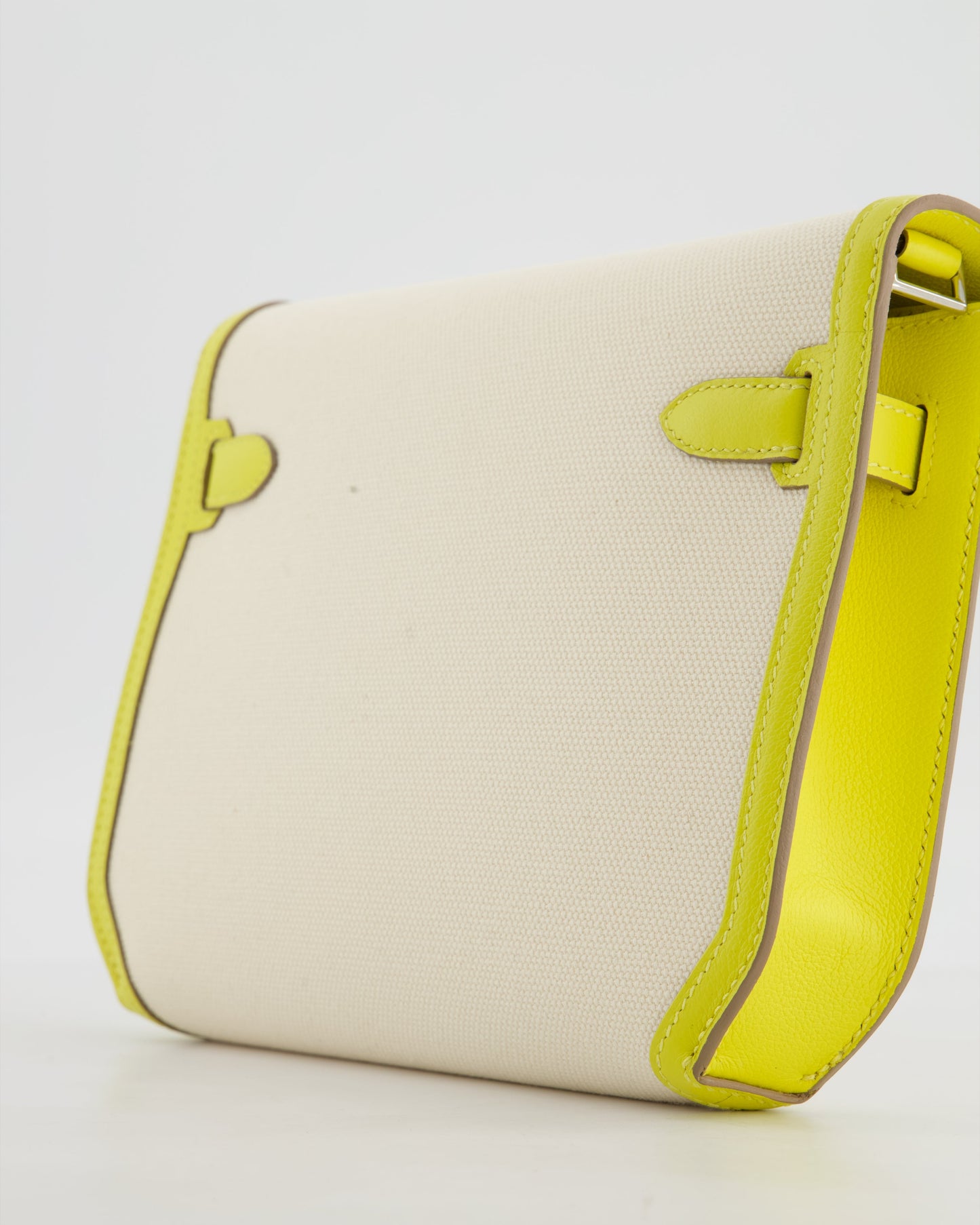 Hermès Kelly Depeches 25 Verso Bag in Ecru Canvas and Jaune Citron Chèvre with Palladium Hardware