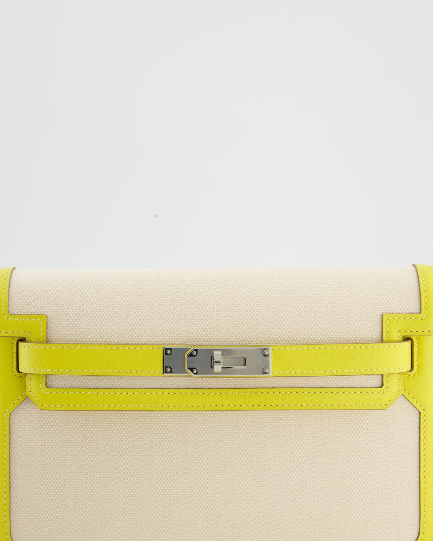 Hermès Kelly Depeches 25 Verso Bag in Ecru Canvas and Jaune Citron Chèvre with Palladium Hardware