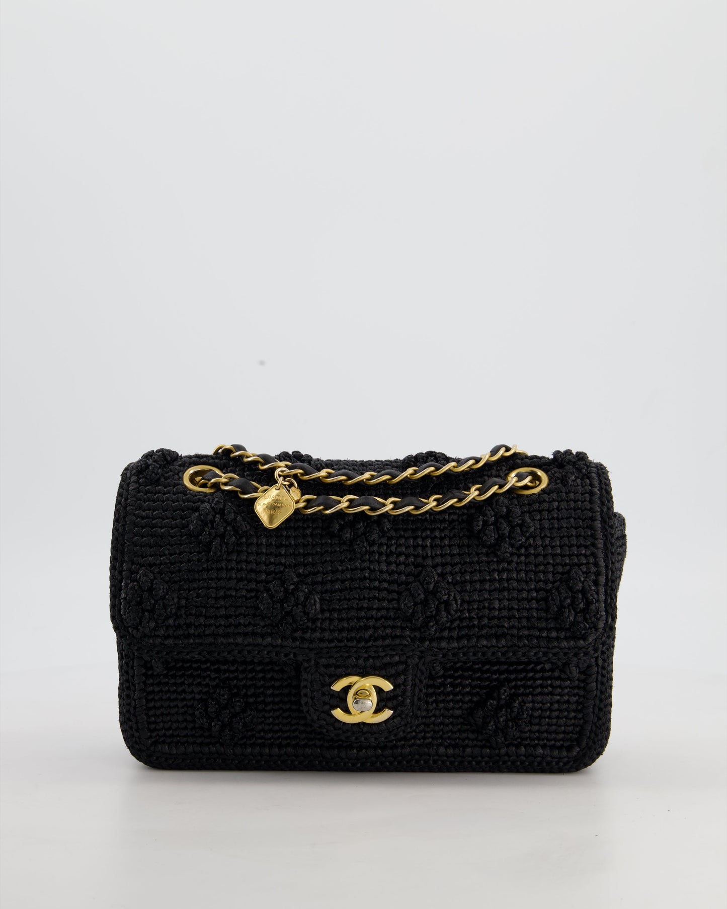 Chanel Black Crocheted Raffia Small Single Flap Cross-Body Bag with Antique Gold Hardware
