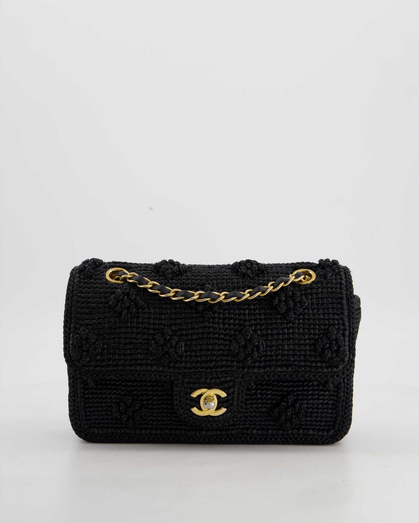 Chanel Black Crocheted Raffia Small Single Flap Cross-Body Bag with Antique Gold Hardware
