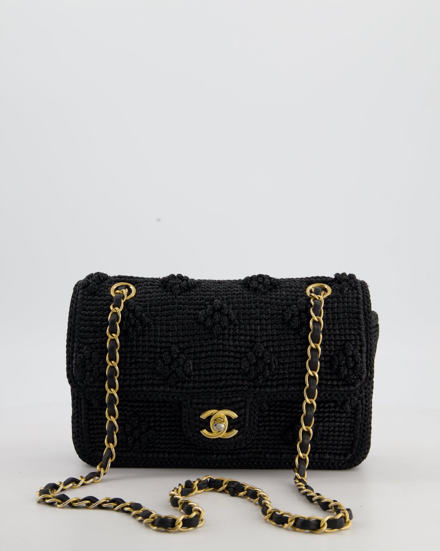 Chanel Black Crocheted Raffia Small Single Flap Cross-Body Bag with Antique Gold Hardware
