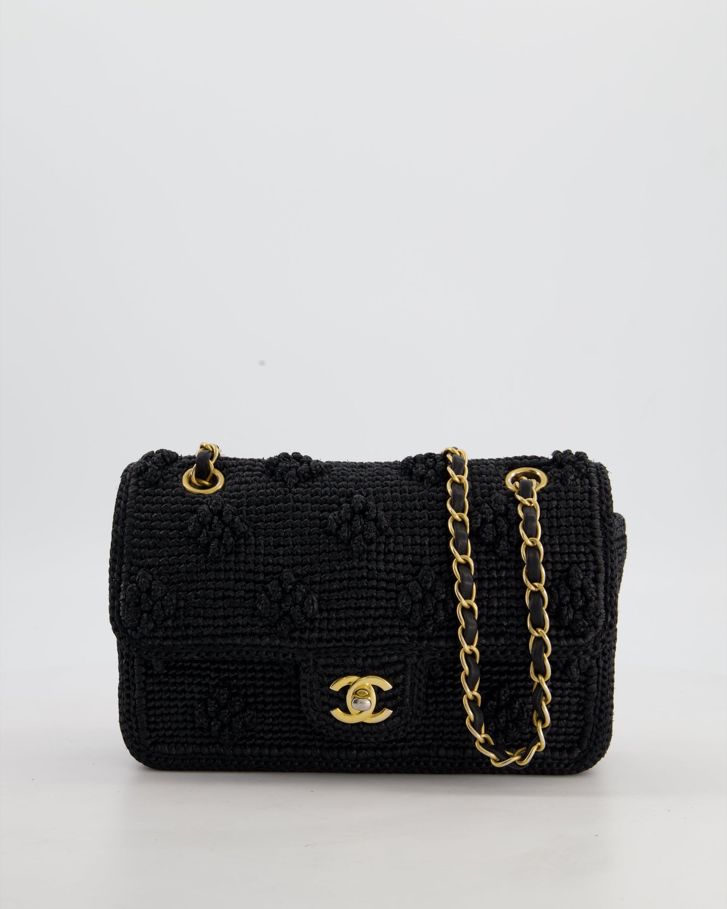 Chanel Black Crocheted Raffia Small Single Flap Cross-Body Bag with Antique Gold Hardware
