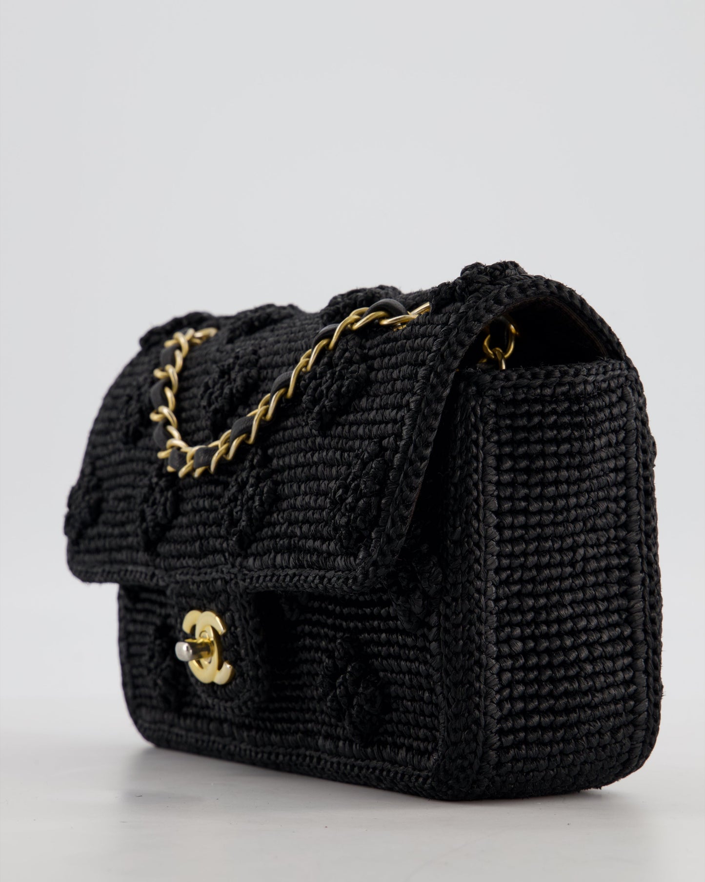 Chanel Black Crocheted Raffia Small Single Flap Cross-Body Bag with Antique Gold Hardware