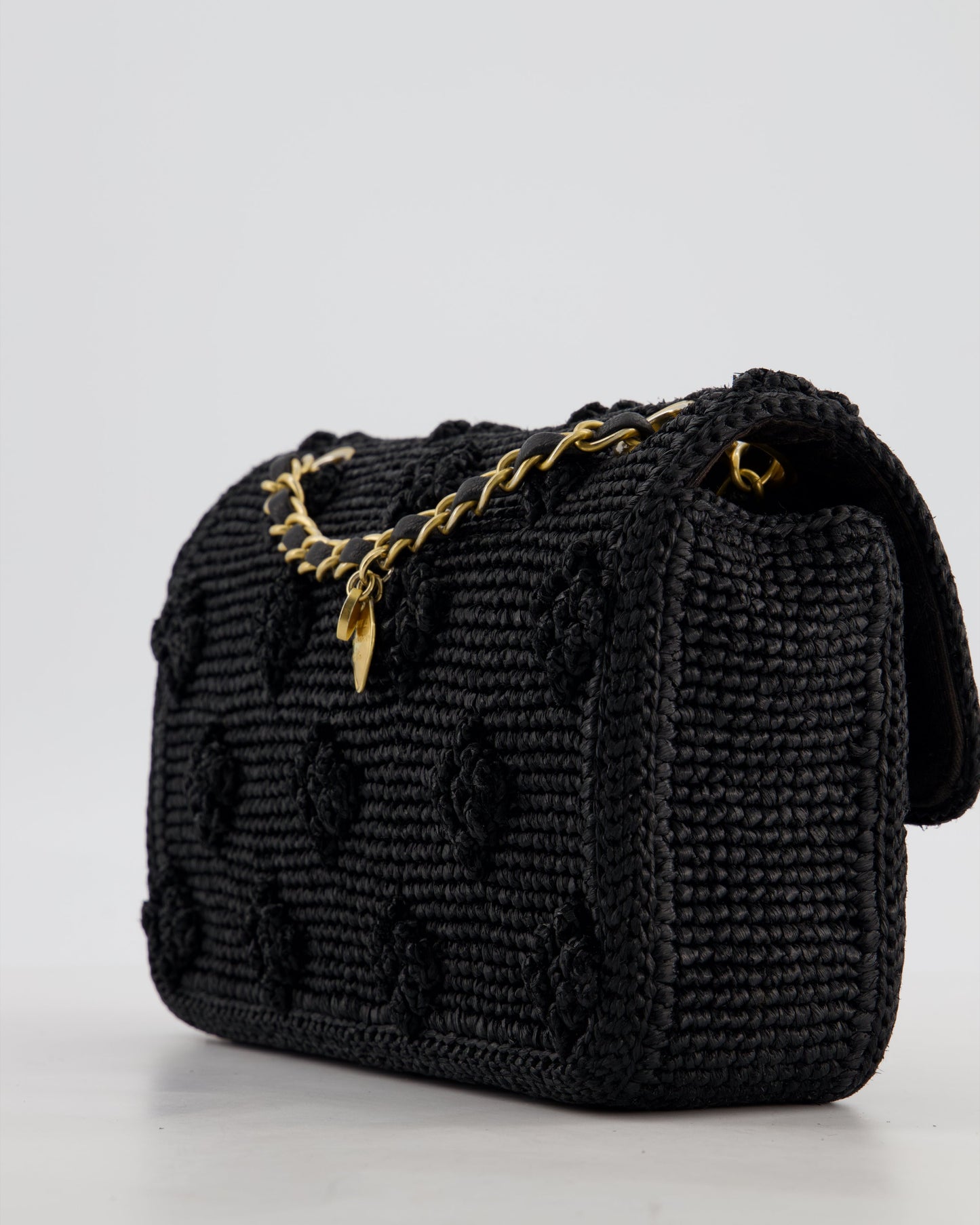 Chanel Black Crocheted Raffia Small Single Flap Cross-Body Bag with Antique Gold Hardware