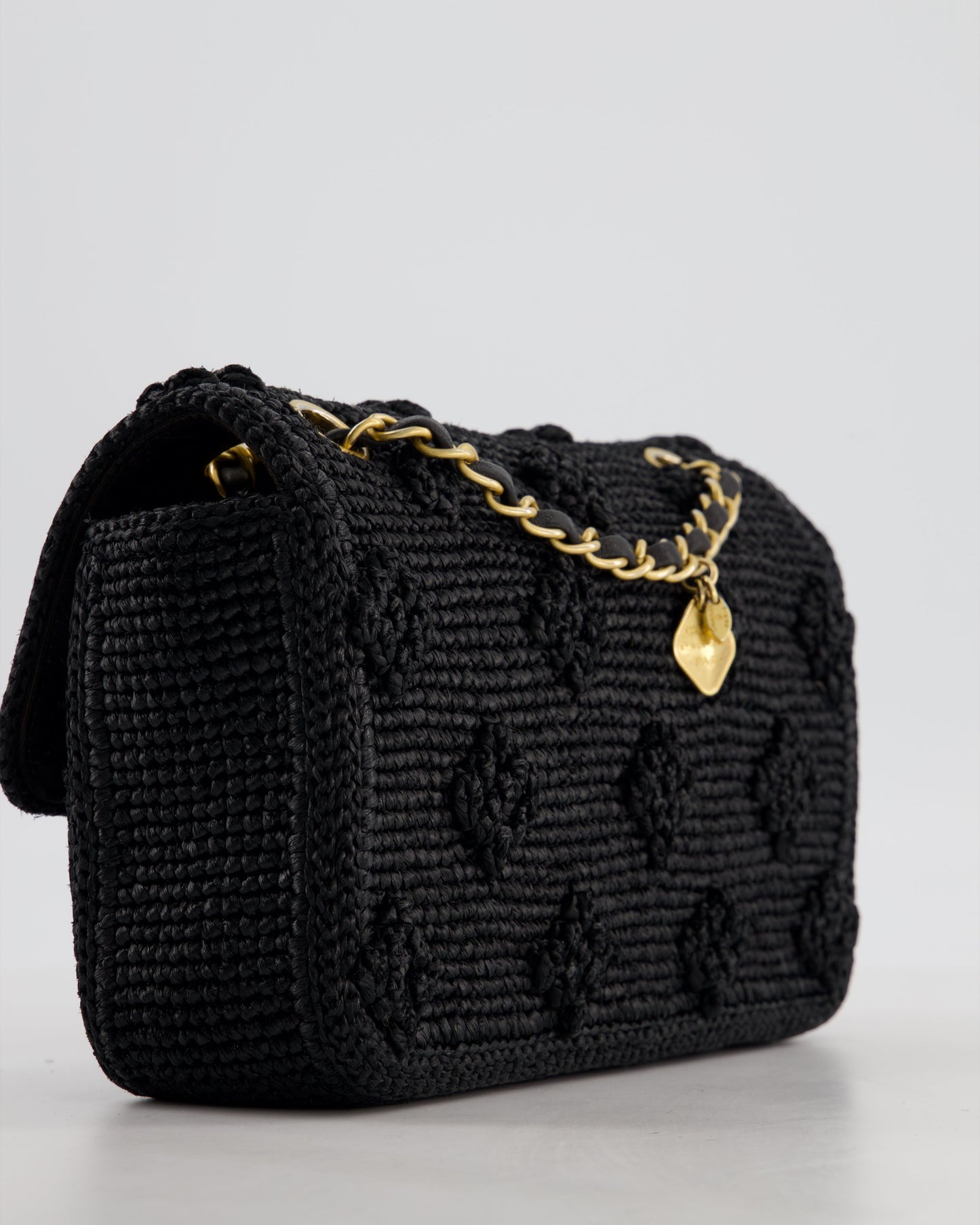 Chanel Black Crocheted Raffia Small Single Flap Cross-Body Bag with Antique Gold Hardware