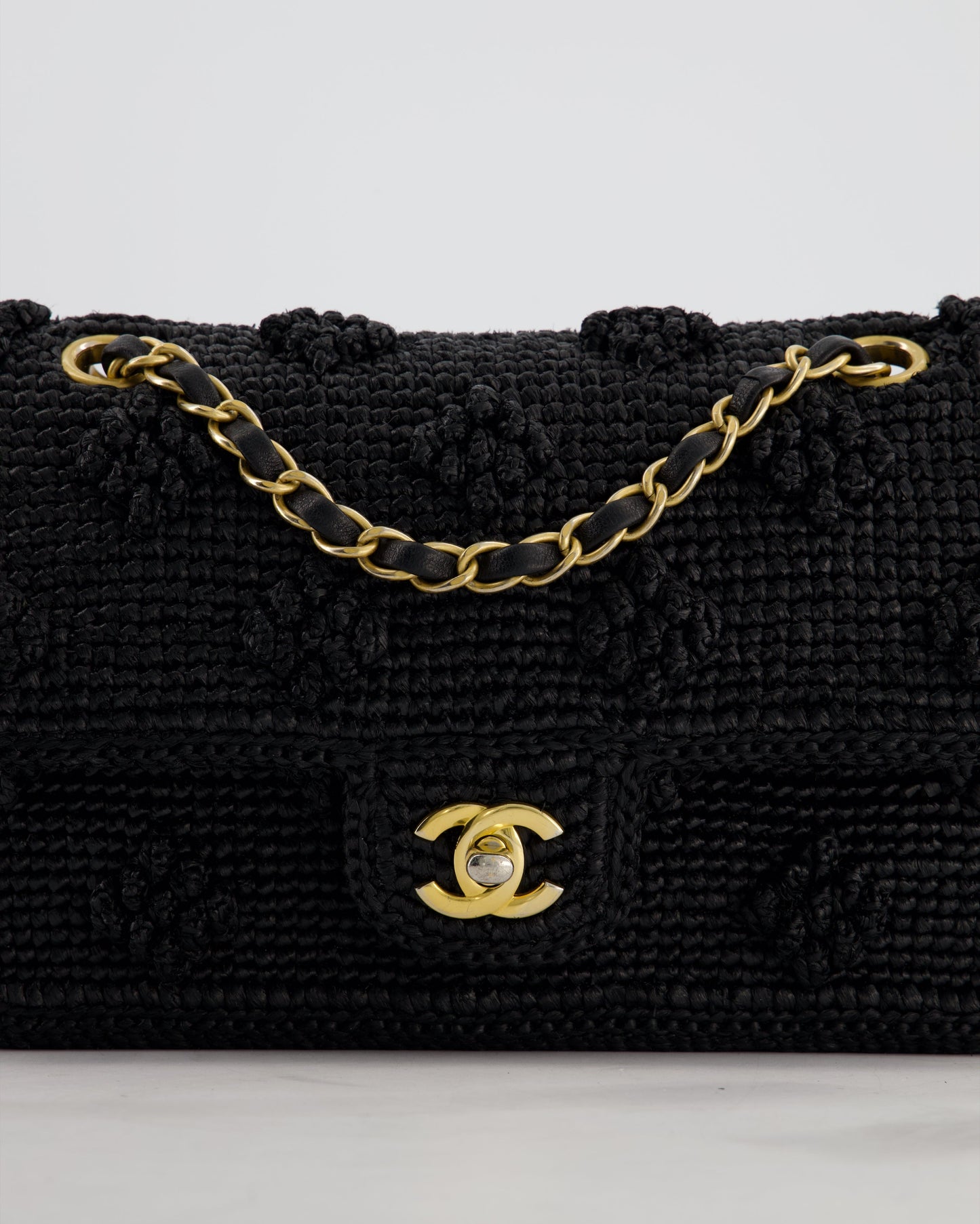 Chanel Black Crocheted Raffia Small Single Flap Cross-Body Bag with Antique Gold Hardware