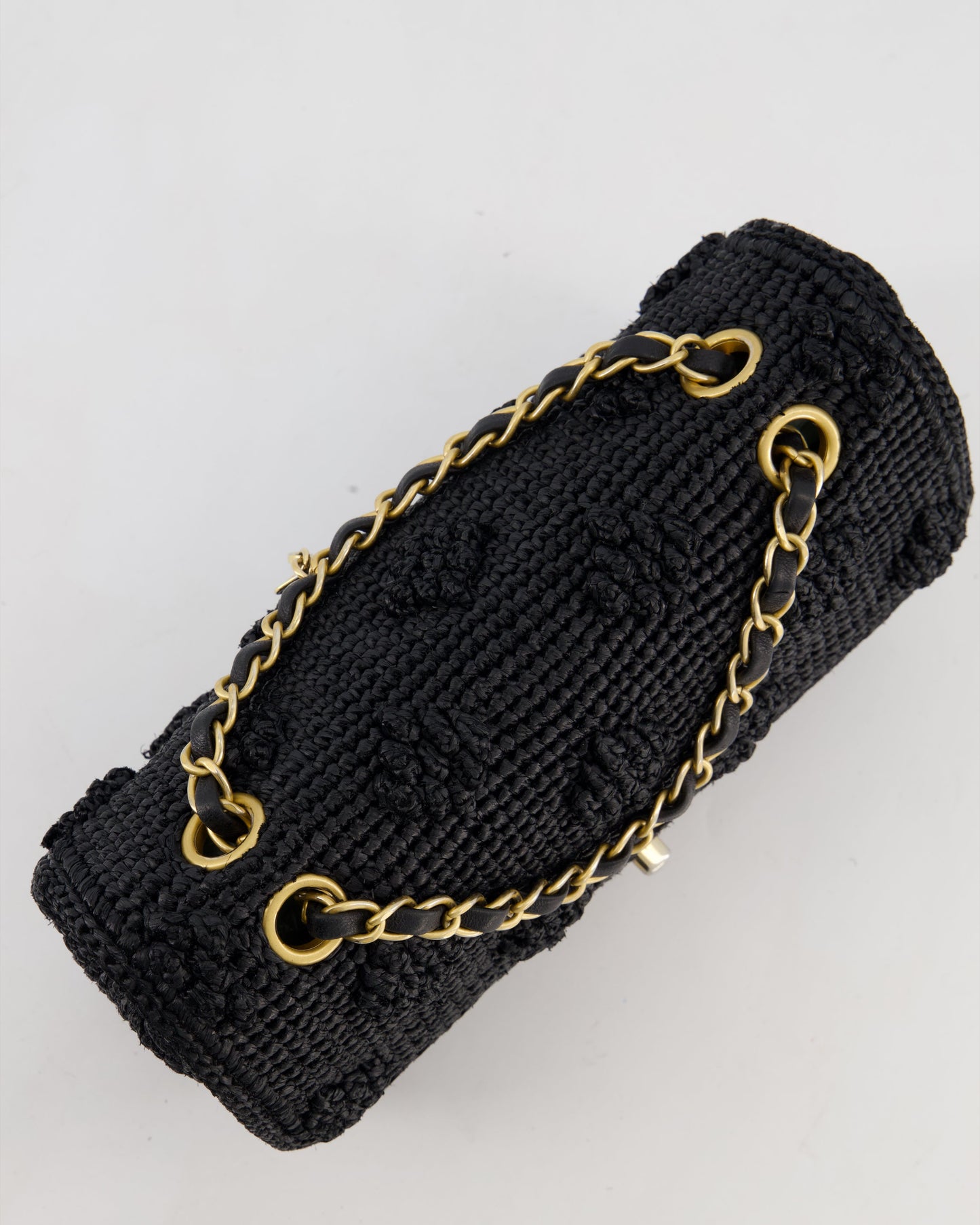 Chanel Black Crocheted Raffia Small Single Flap Cross-Body Bag with Antique Gold Hardware