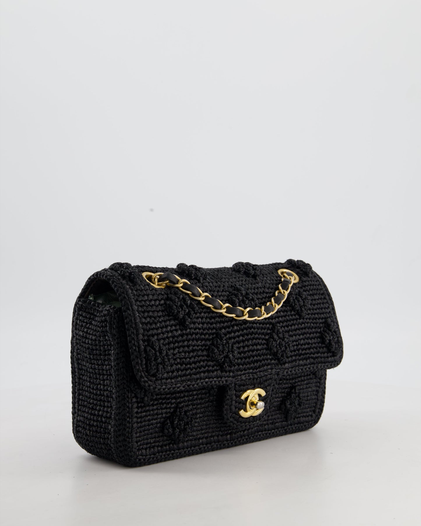 Chanel Black Crocheted Raffia Small Single Flap Cross-Body Bag with Antique Gold Hardware