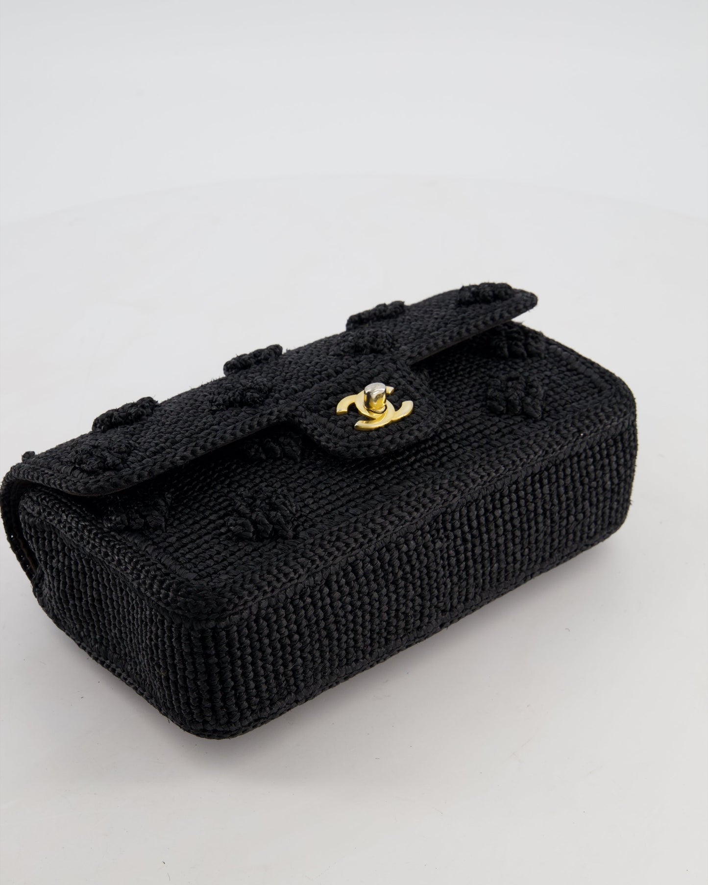 Chanel Black Crocheted Raffia Small Single Flap Cross-Body Bag with Antique Gold Hardware