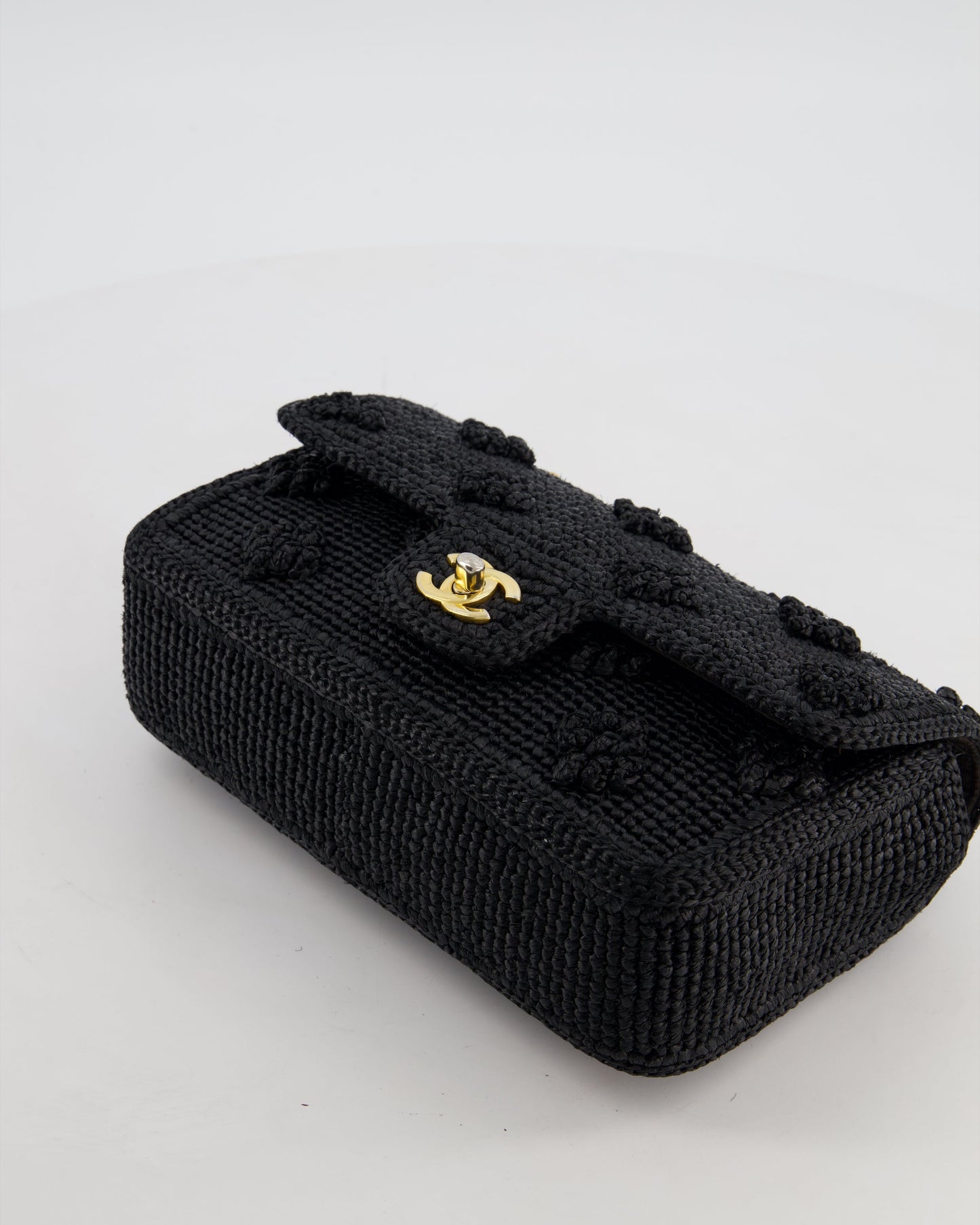 *HOT* Chanel Black Crocheted Raffia Small Single Flap Cross-Body Bag with Antique Gold Hardware