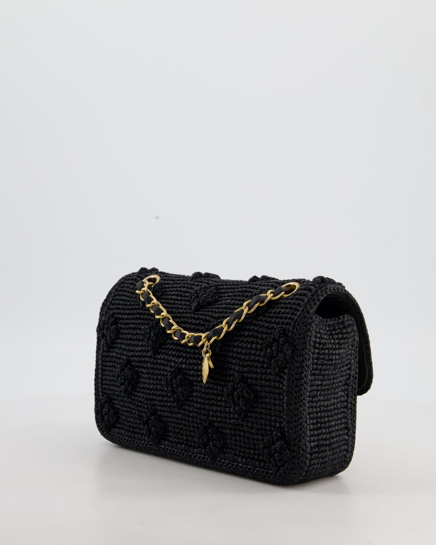 Chanel Black Crocheted Raffia Small Single Flap Cross-Body Bag with Antique Gold Hardware