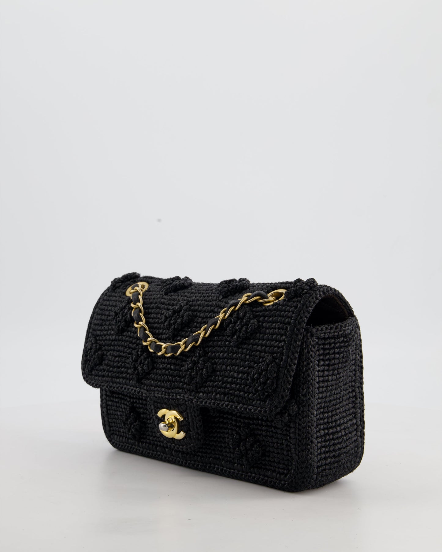 Chanel Black Crocheted Raffia Small Single Flap Cross-Body Bag with Antique Gold Hardware