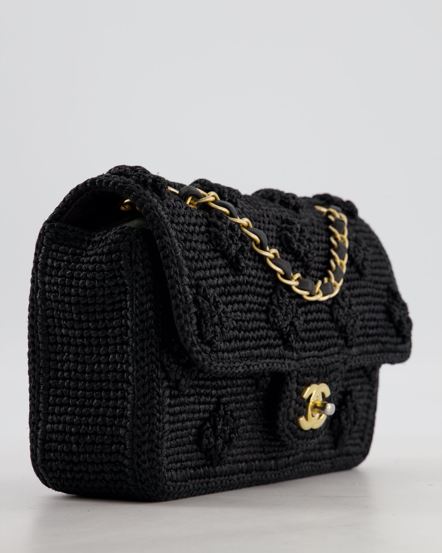 Chanel Black Crocheted Raffia Small Single Flap Cross-Body Bag with Antique Gold Hardware