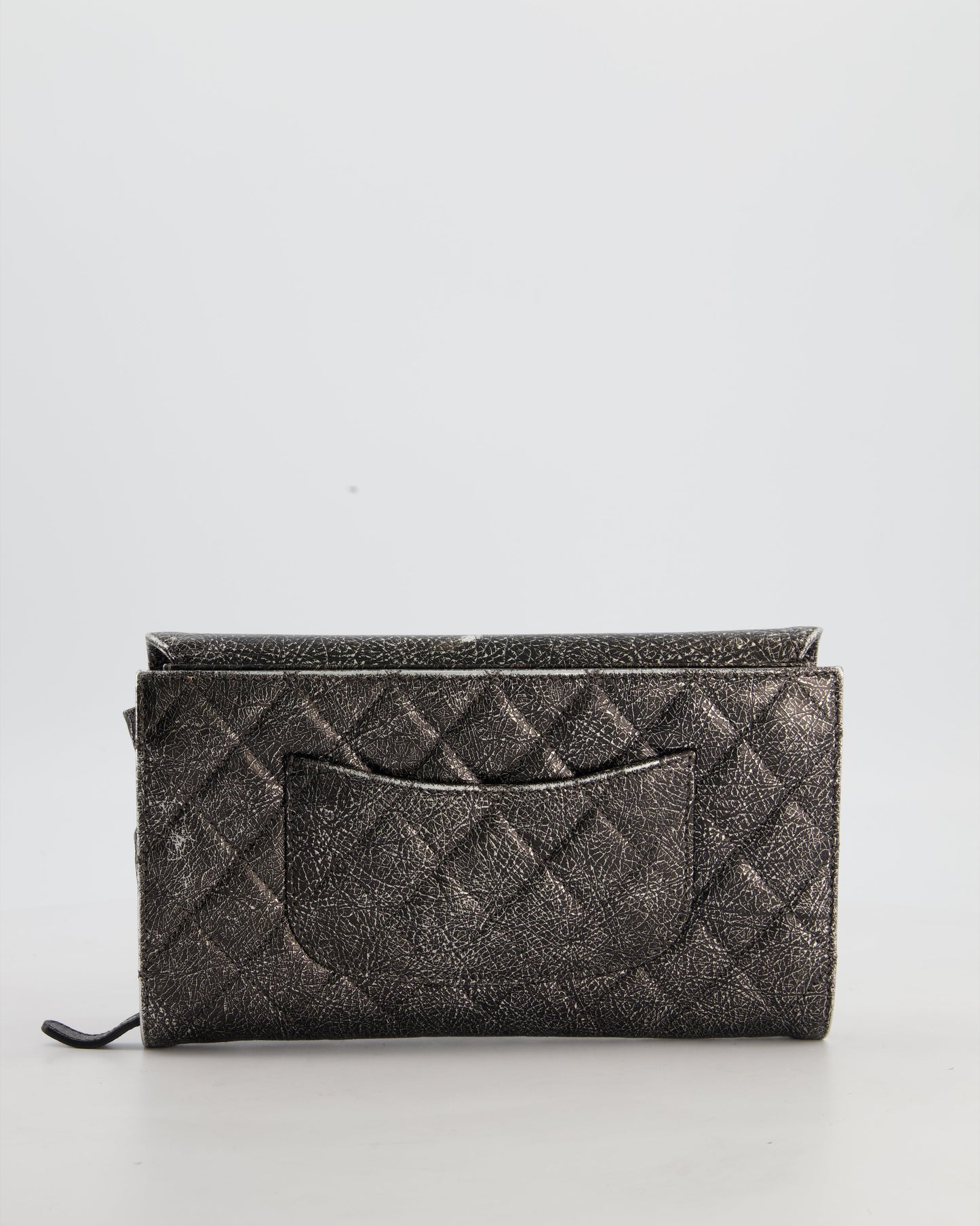 Chanel Black, Cracked Silver Metallic Wallet on Chain Bag in Calfskin Leather with Antique Gold Hardware