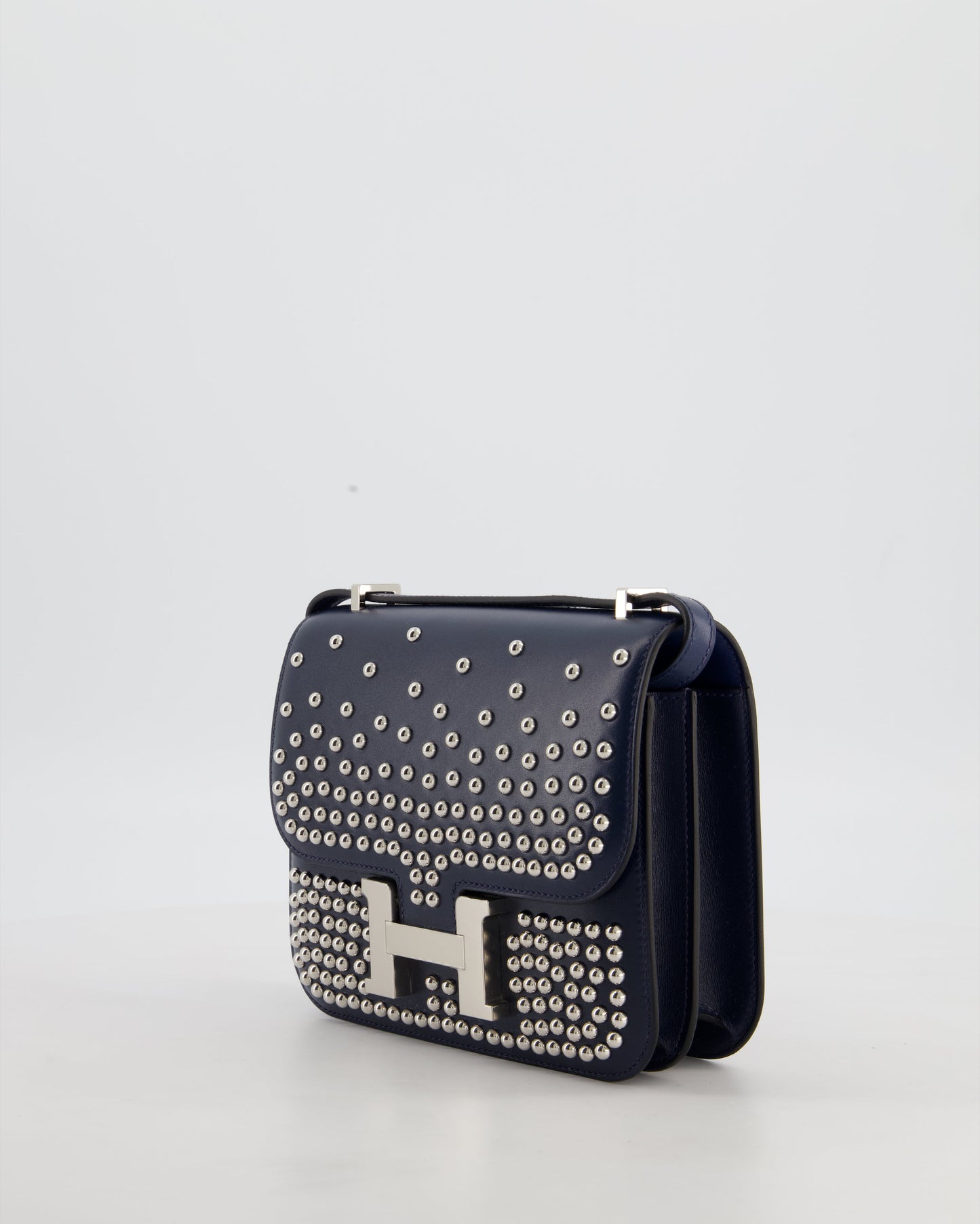 *LIMITED EDITION* Hermès Mini Constance Clouté III Miroir 18 Bag in Bleu Abysse Calfskin Box Leather with Palladium Hardware