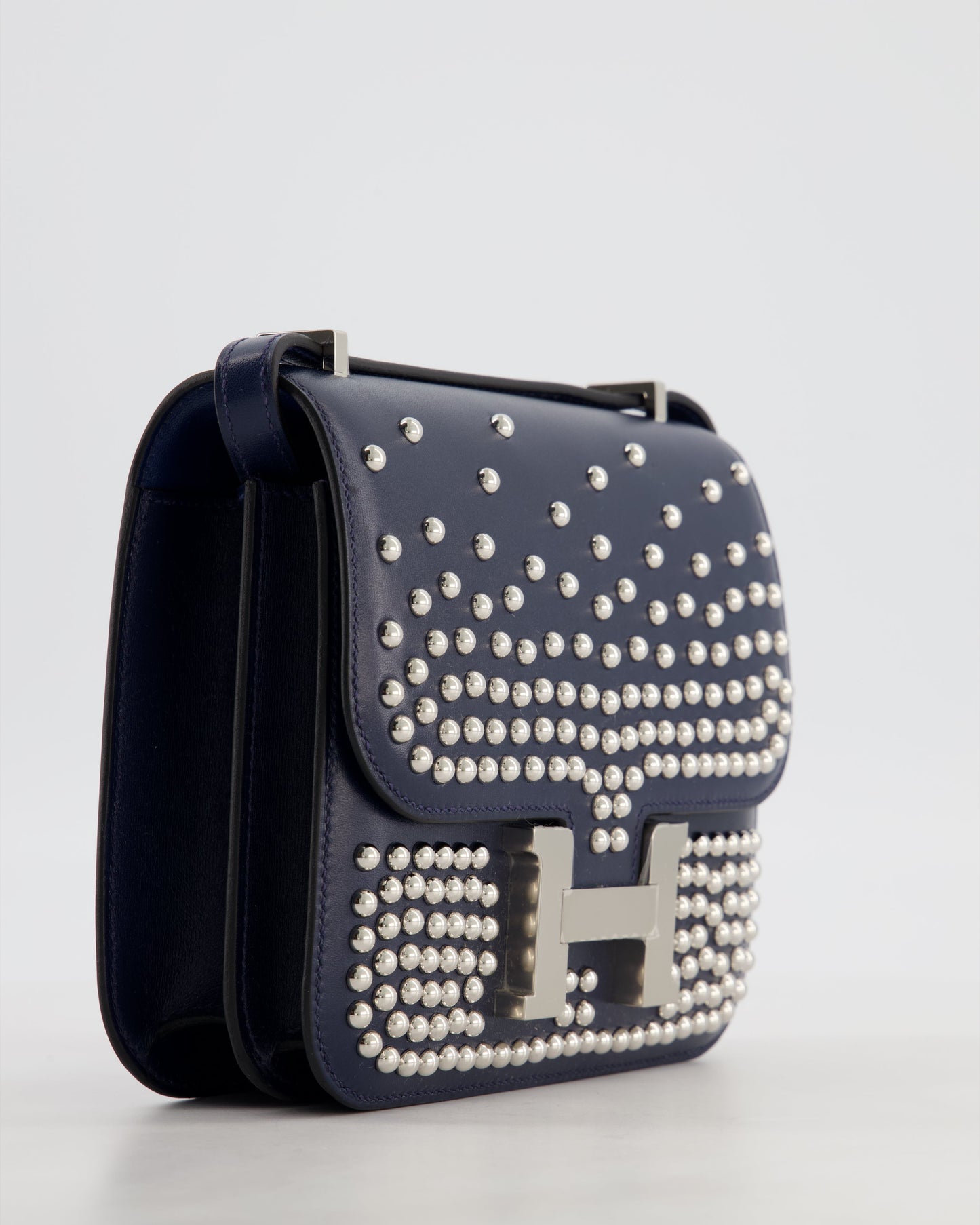 *LIMITED EDITION* Hermès Mini Constance Clouté III Miroir 18 Bag in Bleu Abysse Calfskin Box Leather with Palladium Hardware