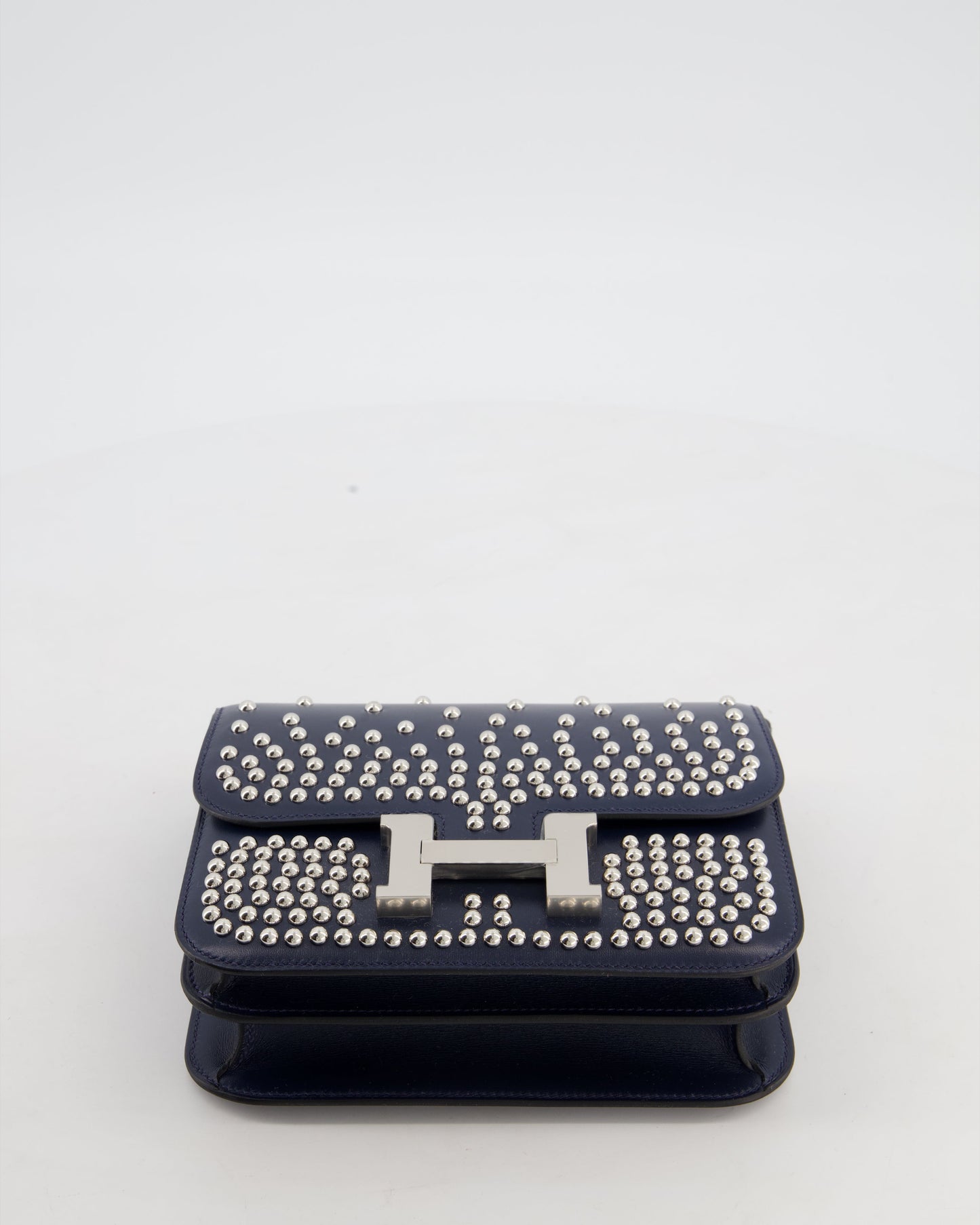 *LIMITED EDITION* Hermès Mini Constance Clouté III Miroir 18 Bag in Bleu Abysse Calfskin Box Leather with Palladium Hardware