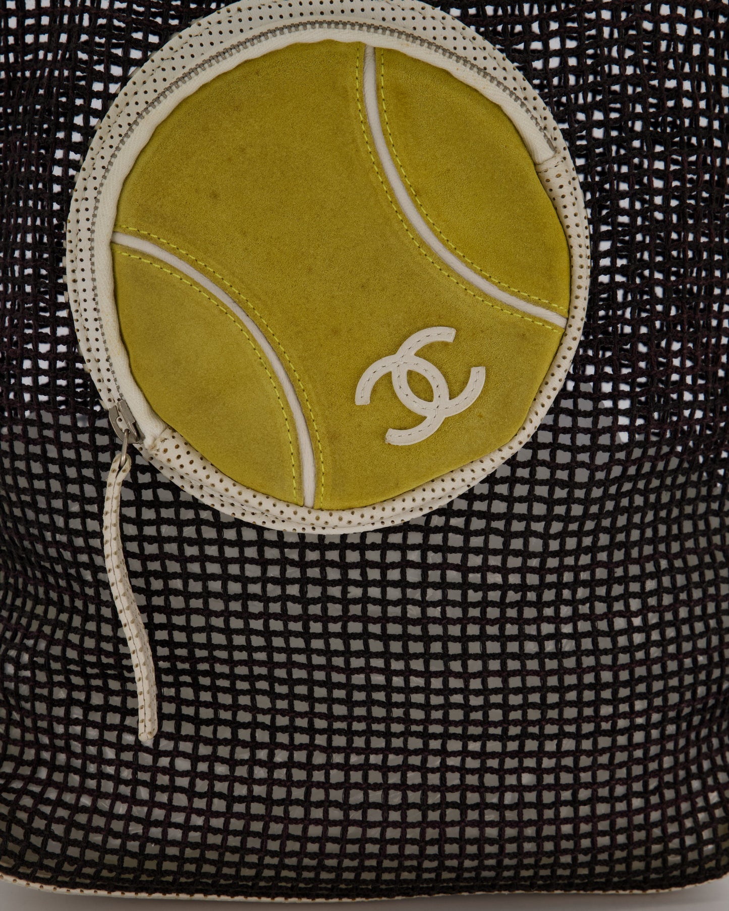 Chanel Black 2004 Mesh Tennis Shopper Tote Bag with a Green Tennis Ball Pouch and CC Logo
