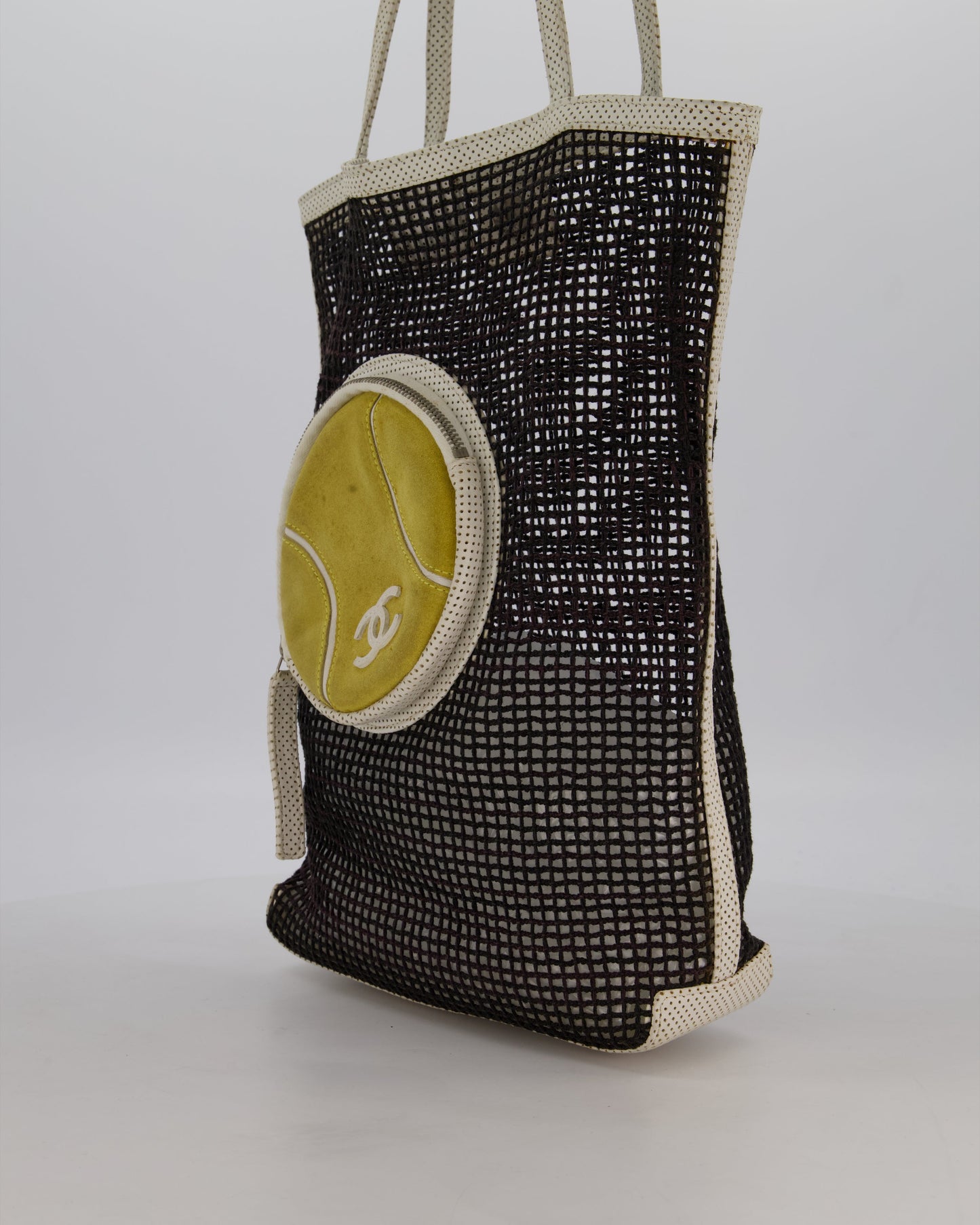Chanel Black 2004 Mesh Tennis Shopper Tote Bag with a Green Tennis Ball Pouch and CC Logo