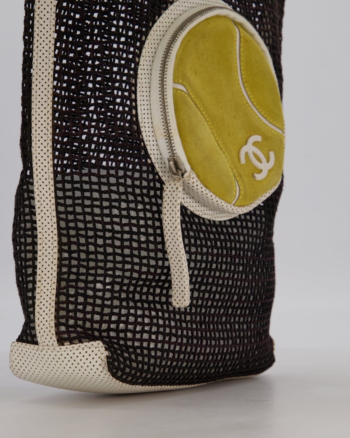 Chanel Black 2004 Mesh Tennis Shopper Tote Bag with a Green Tennis Ball Pouch and CC Logo