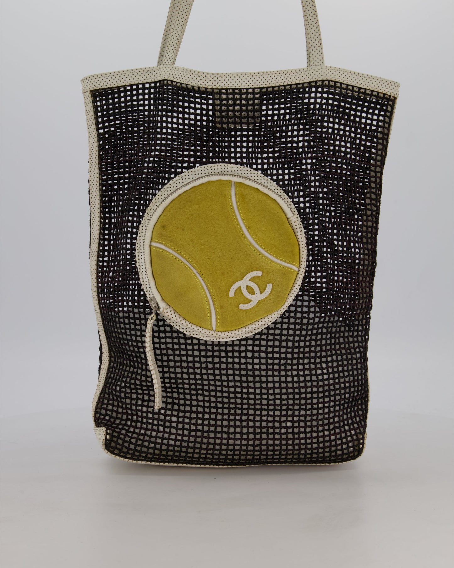 Chanel Black 2004 Mesh Tennis Shopper Tote Bag with a Green Tennis Ball Pouch and CC Logo