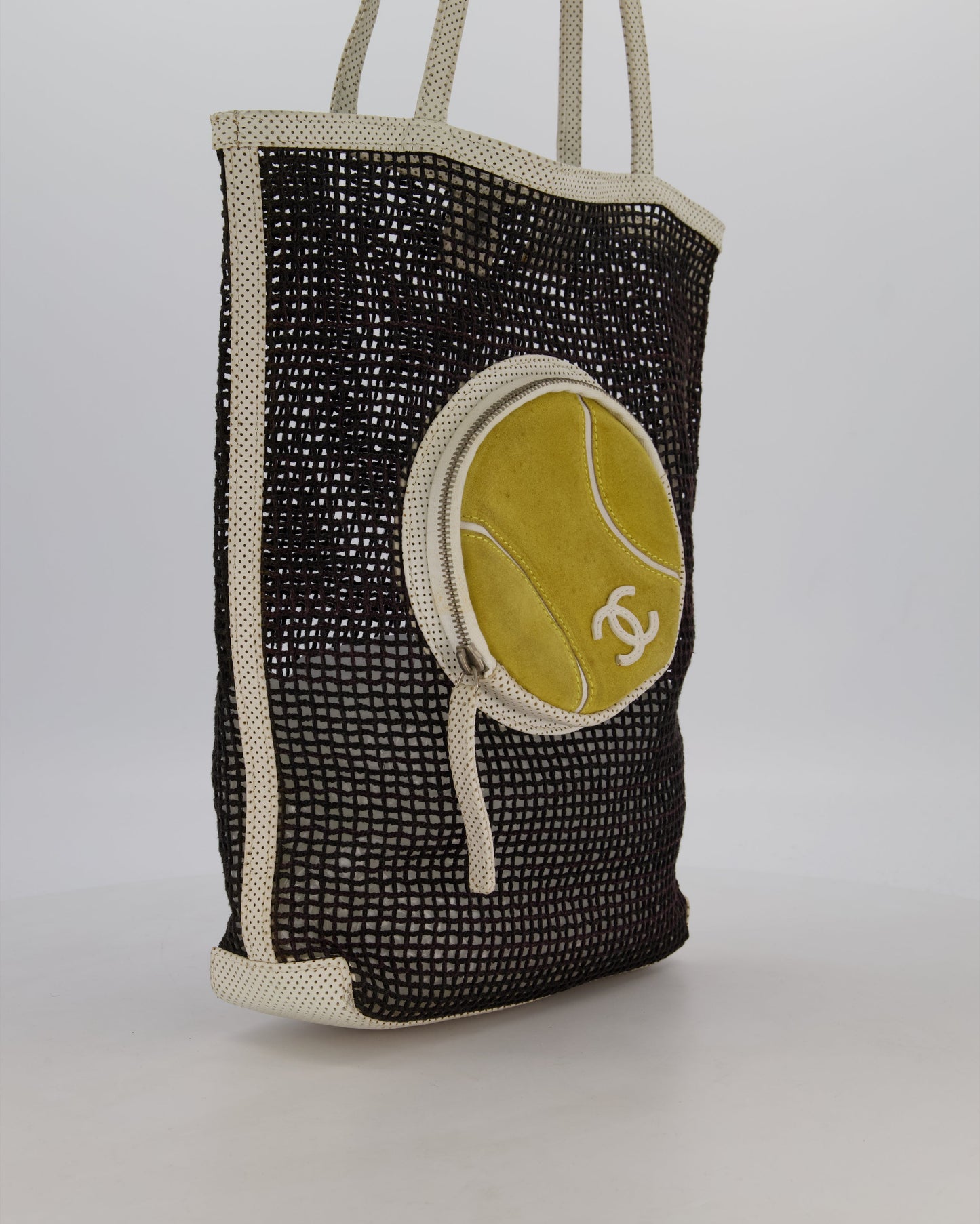 Chanel Black 2004 Mesh Tennis Shopper Tote Bag with a Green Tennis Ball Pouch and CC Logo