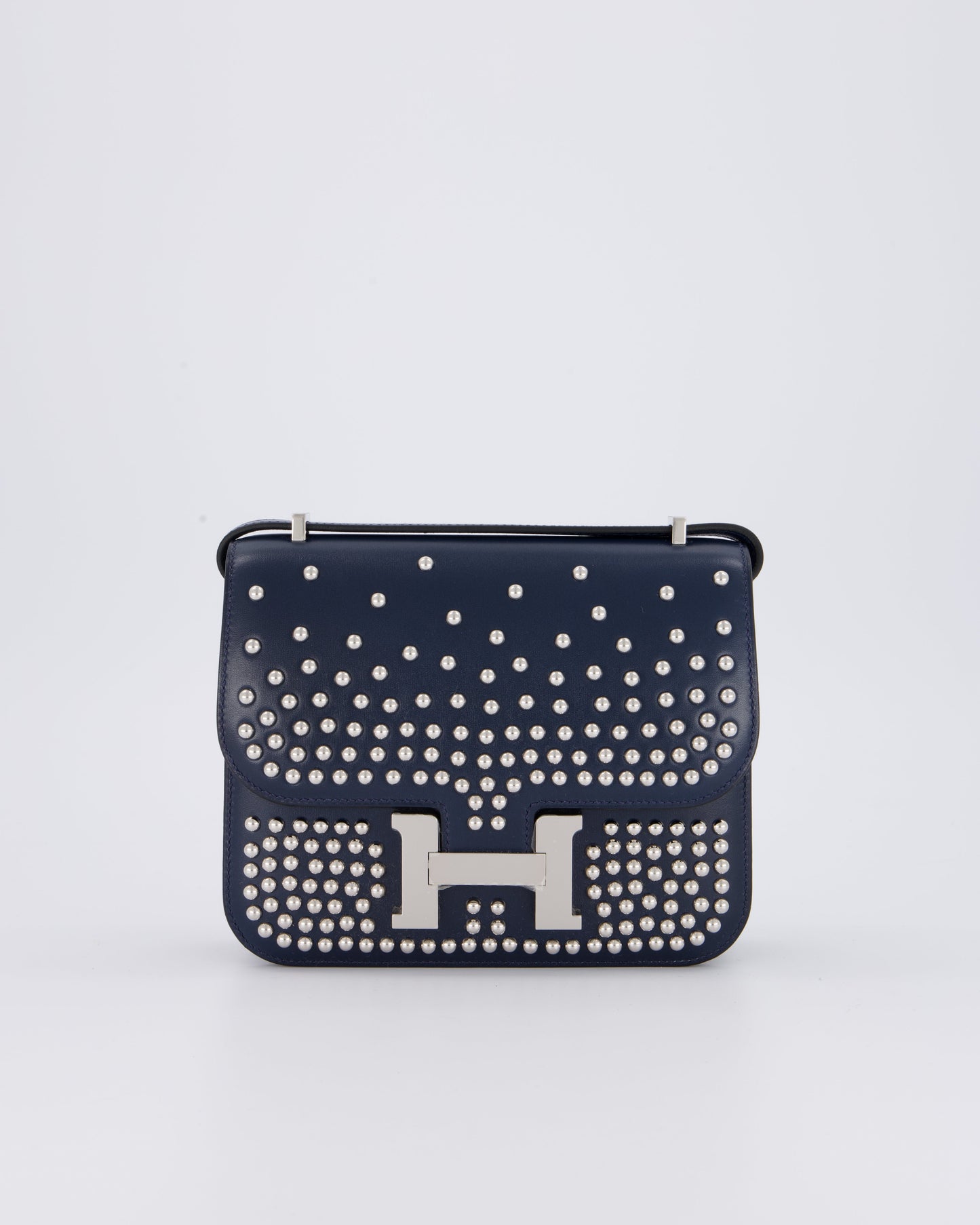 *LIMITED EDITION* Hermès Mini Constance Clouté III Miroir 18 Bag in Bleu Abysse Calfskin Box Leather with Palladium Hardware