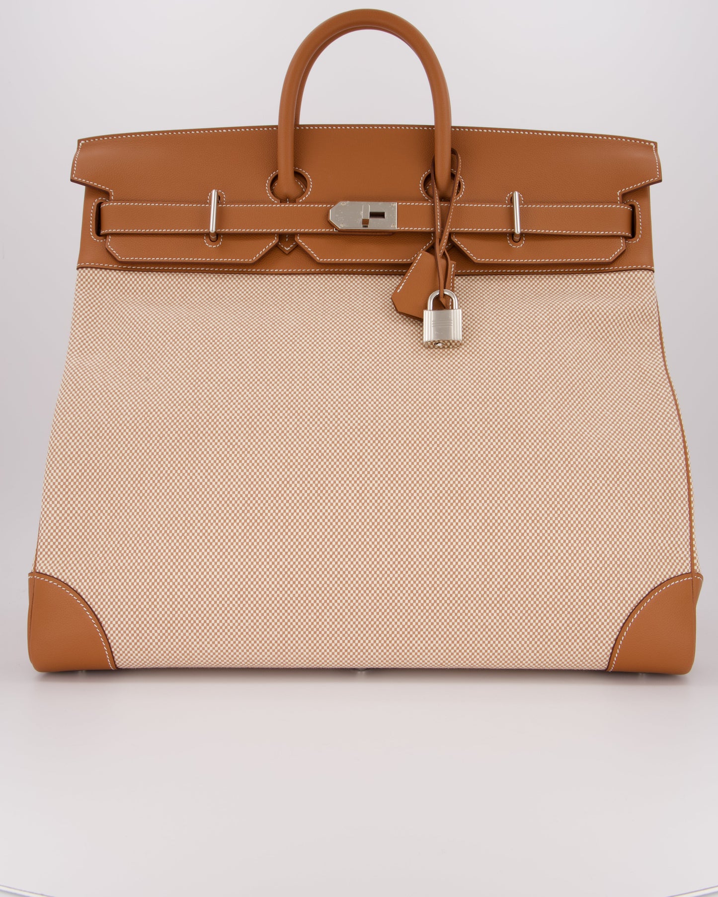 *RARE* Hermès Haut à Courroies HAC 50 Bag in Gold Evercolour Leather & Écru/Beige Toile Cross Canvas with Palladium Hardware