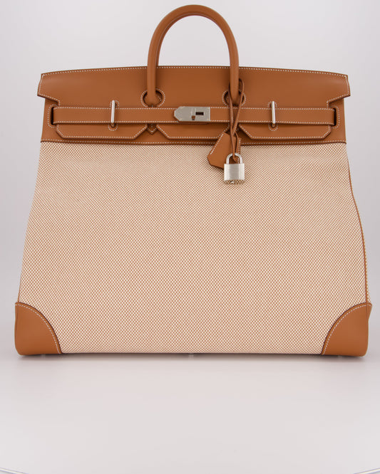 *RARE* Hermès Haut à Courroies HAC 50 Bag in Gold Evercolour Leather & Écru/Beige Toile Cross Canvas with Palladium Hardware