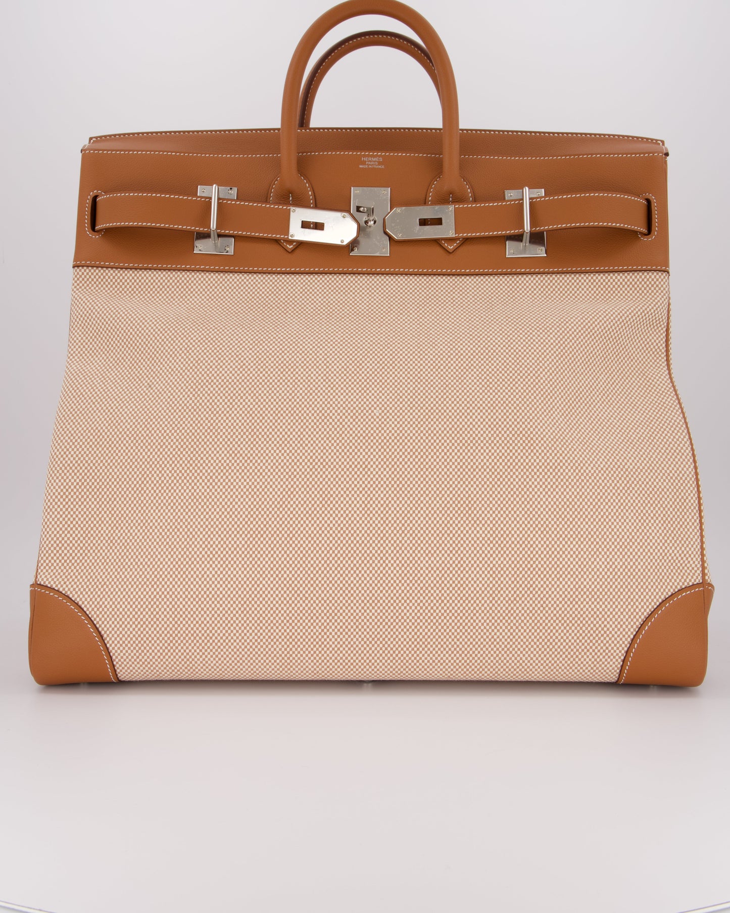 *RARE* Hermès Haut à Courroies HAC 50 Bag in Gold Evercolour Leather & Écru/Beige Toile Cross Canvas with Palladium Hardware