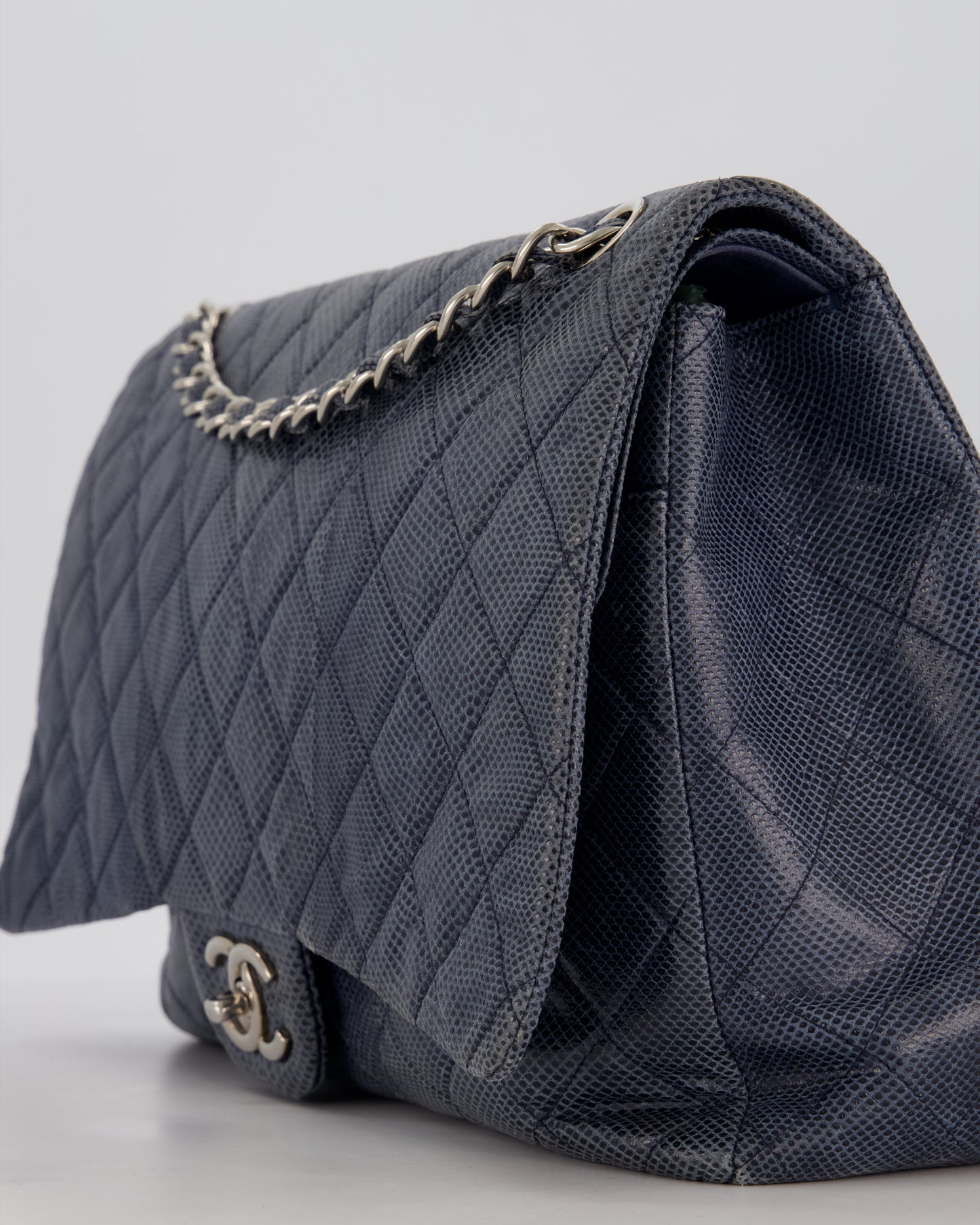 Chanel Blue Classic Maxi Double Flap in Karung Leather with Silver Hardware