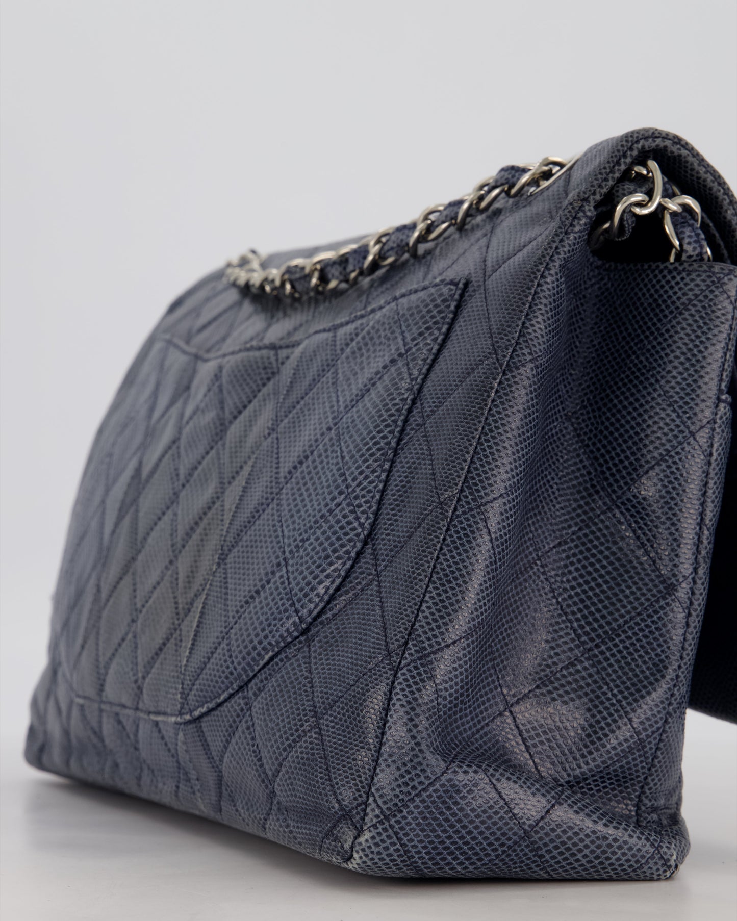 Chanel Blue Classic Maxi Double Flap in Karung Leather with Silver Hardware