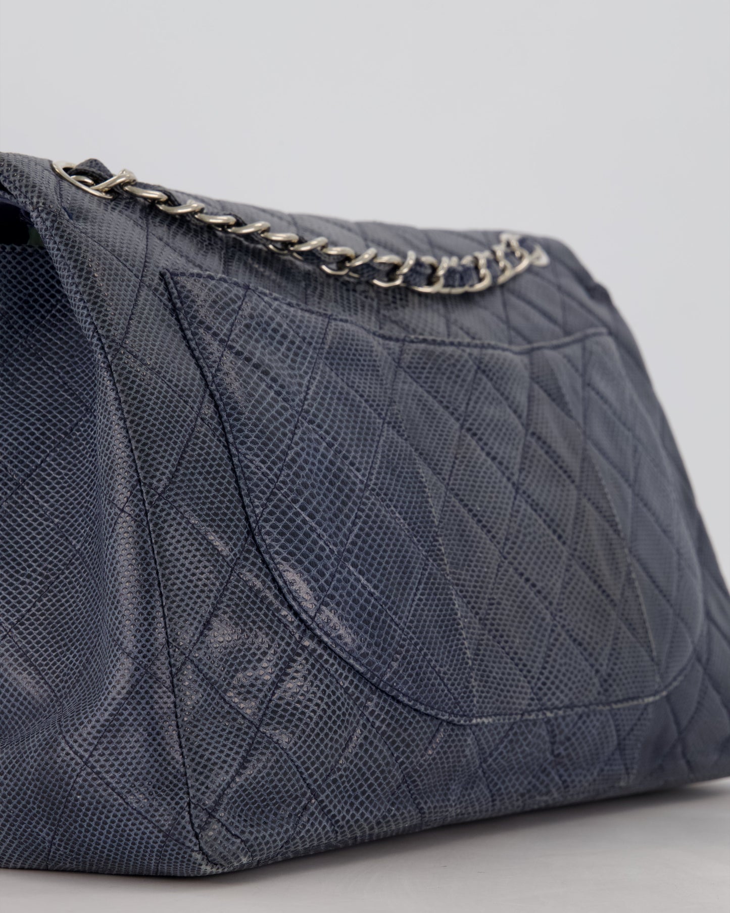 Chanel Blue Classic Maxi Double Flap in Karung Leather with Silver Hardware