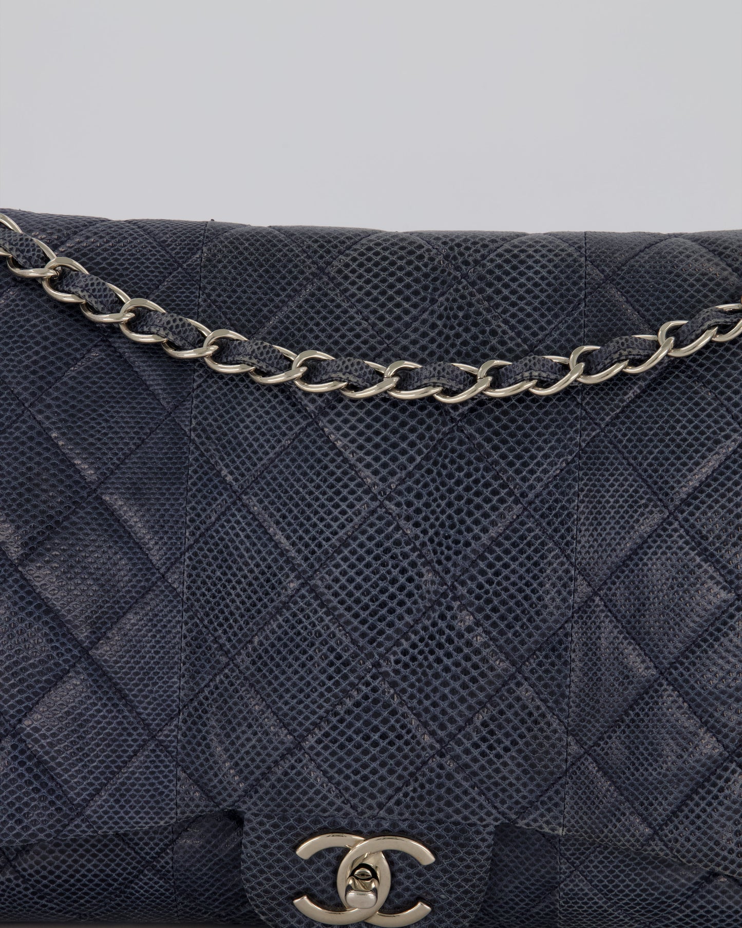 Chanel Blue Classic Maxi Double Flap in Karung Leather with Silver Hardware