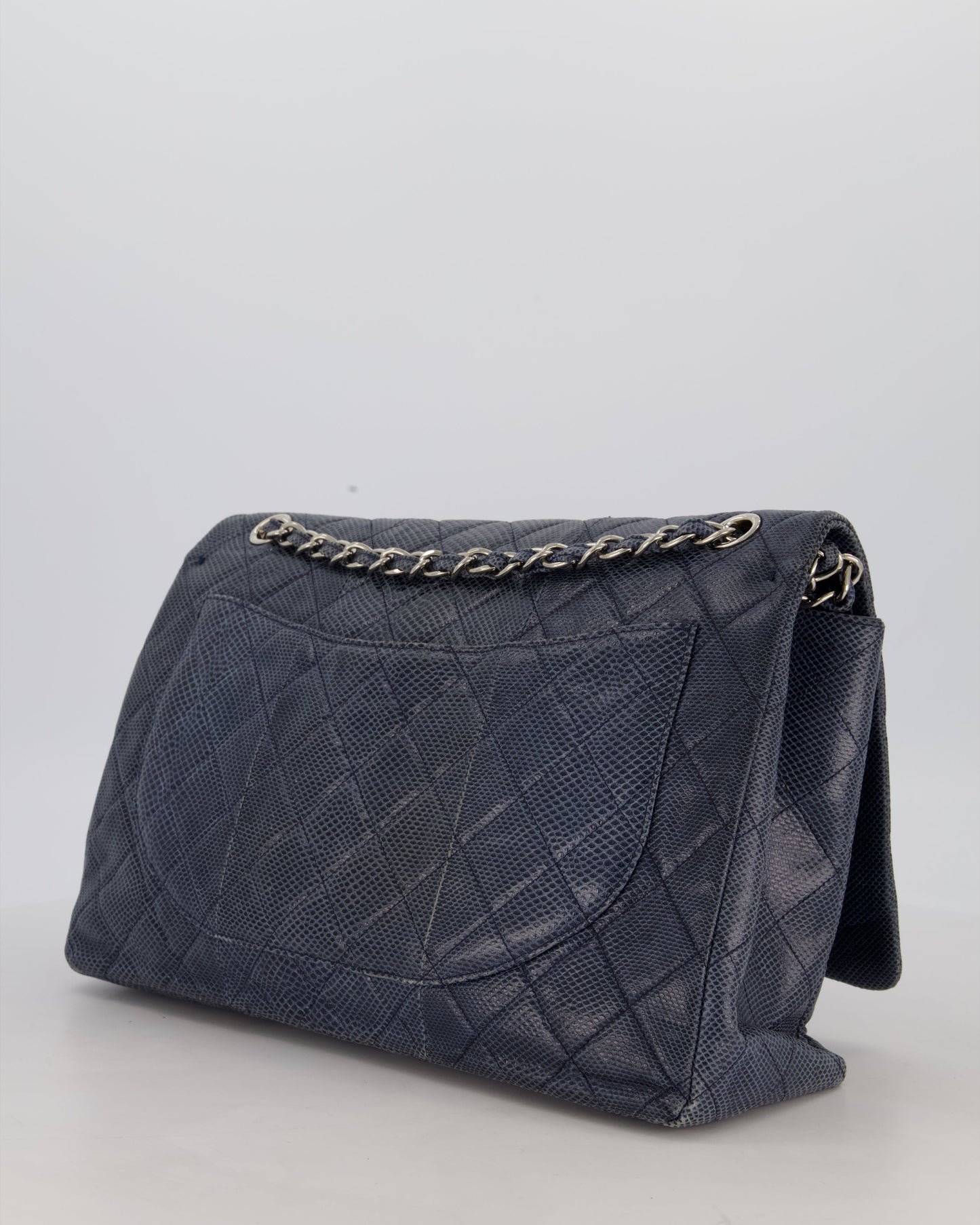Chanel Blue Classic Maxi Double Flap in Karung Leather with Silver Hardware