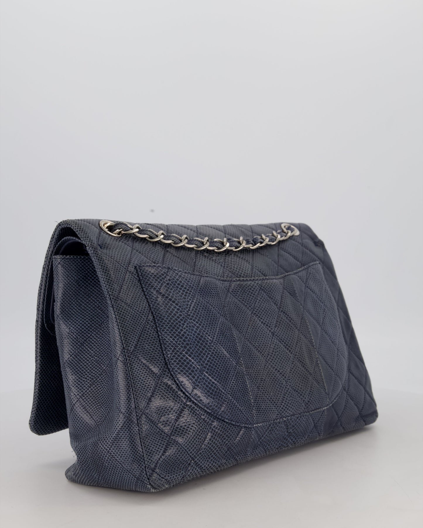Chanel Blue Classic Maxi Double Flap in Karung Leather with Silver Hardware