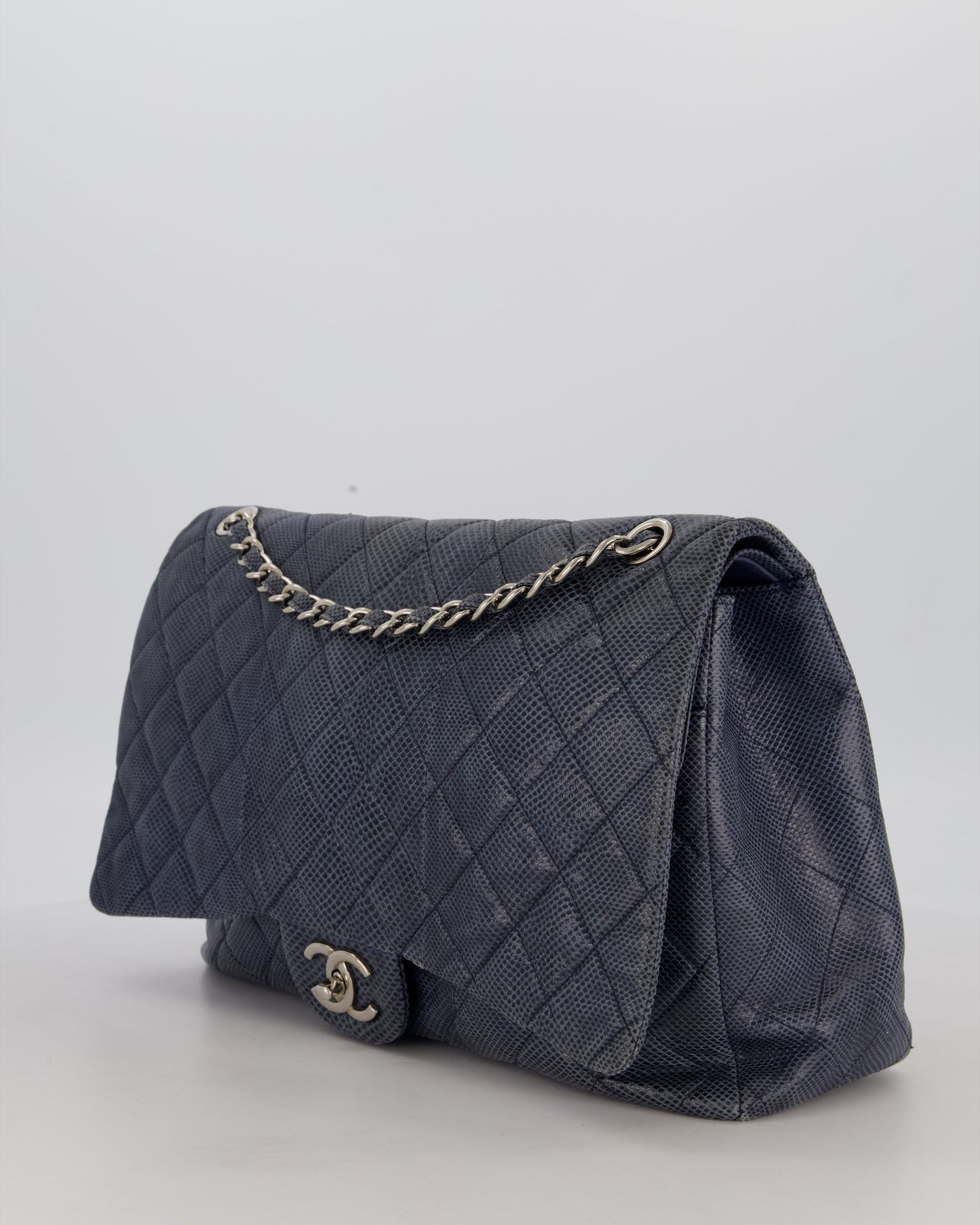 Chanel Blue Classic Maxi Double Flap in Karung Leather with Silver Hardware