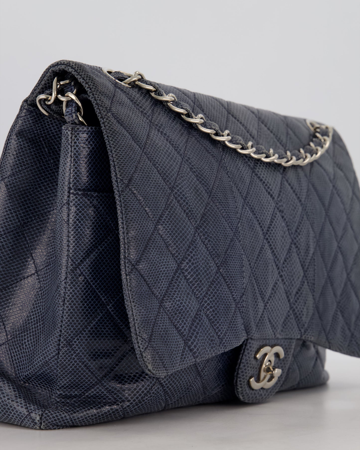 Chanel Blue Classic Maxi Double Flap in Karung Leather with Silver Hardware