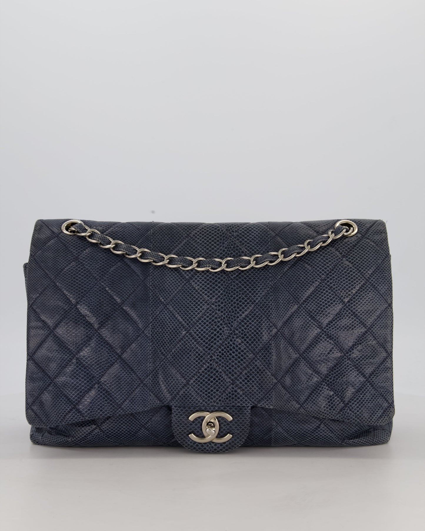 Chanel Blue Classic Maxi Double Flap in Karung Leather with Silver Hardware
