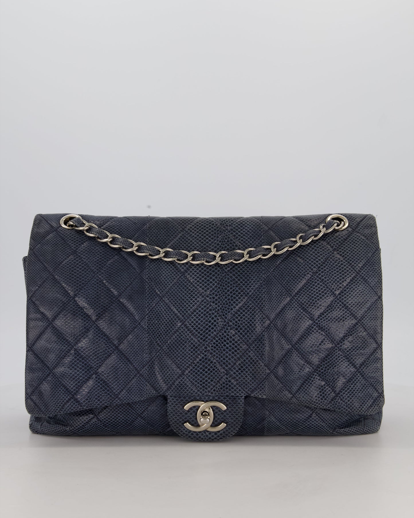Chanel Blue Classic Maxi Double Flap in Karung Leather with Silver Hardware
