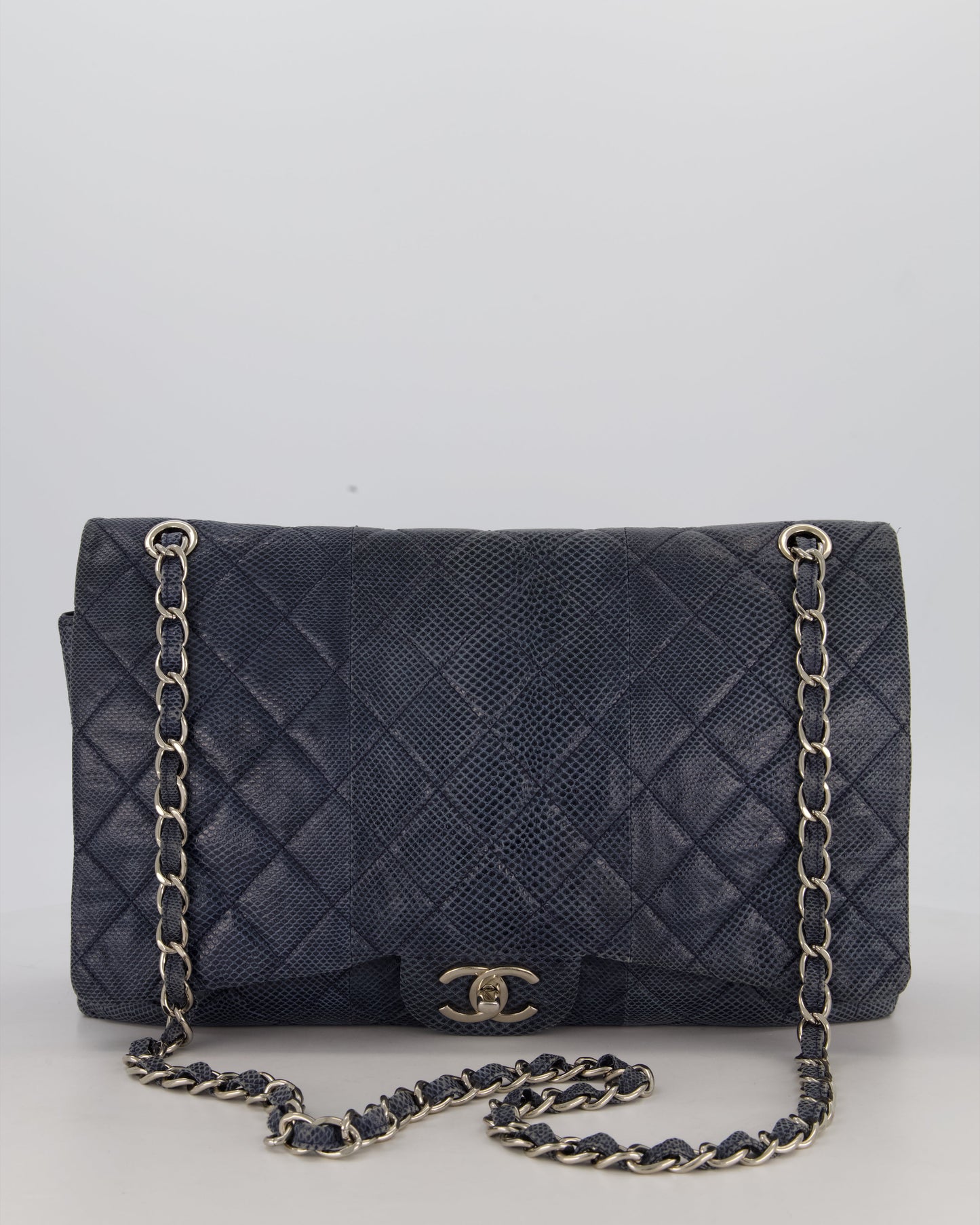 Chanel Blue Classic Maxi Double Flap in Karung Leather with Silver Hardware