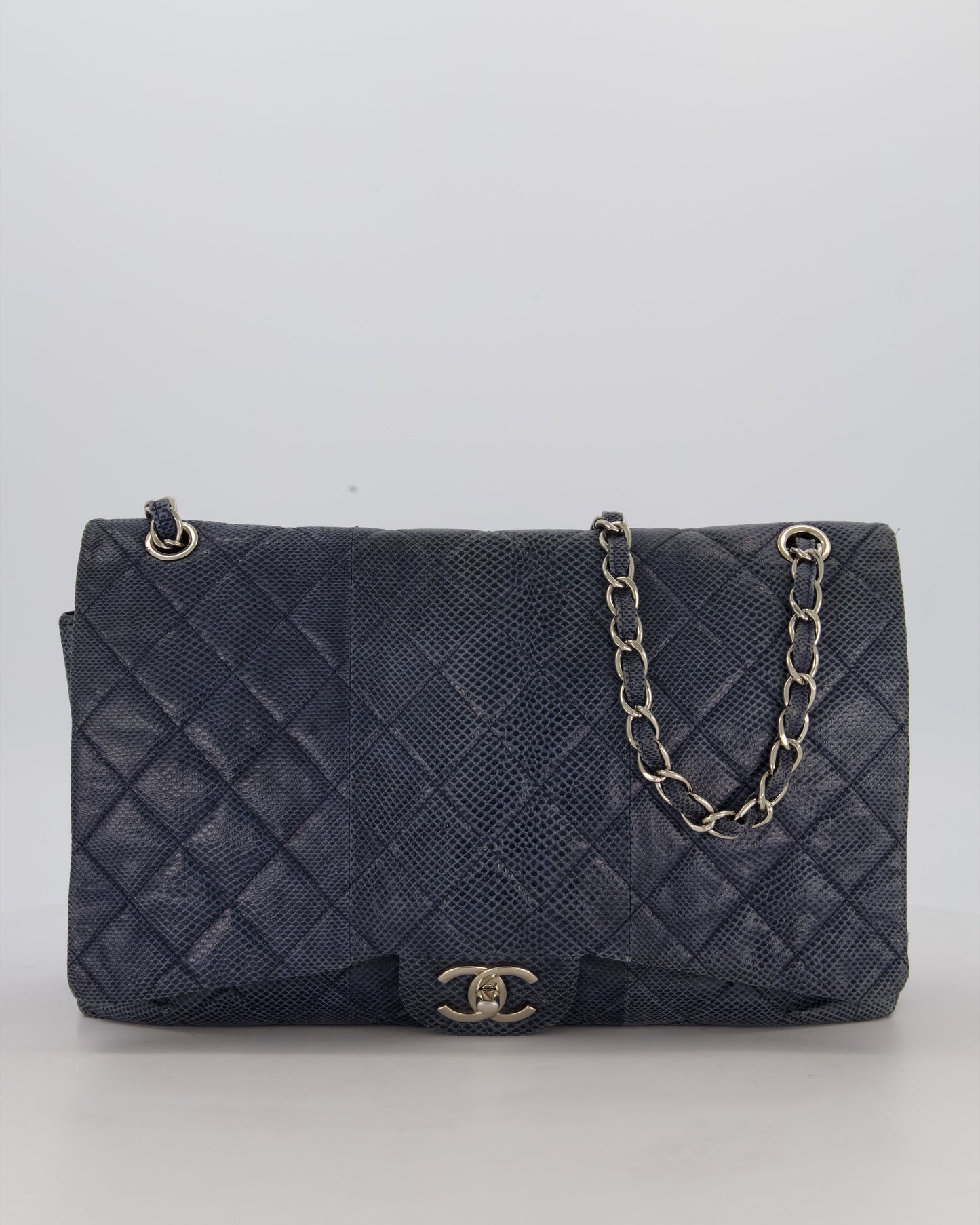 Chanel Blue Classic Maxi Double Flap in Karung Leather with Silver Hardware