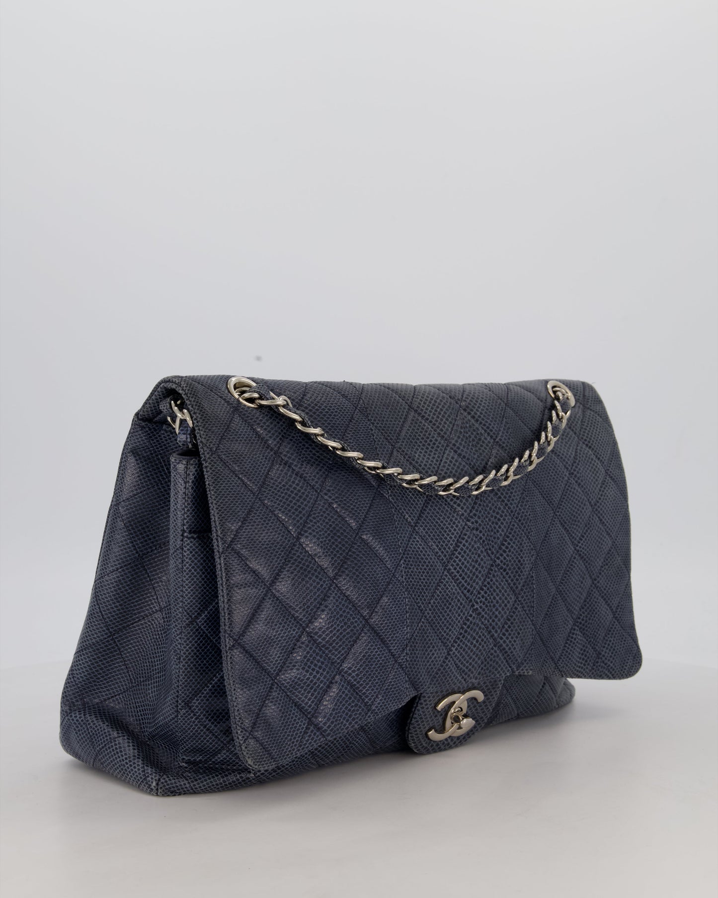 Chanel Blue Classic Maxi Double Flap in Karung Leather with Silver Hardware