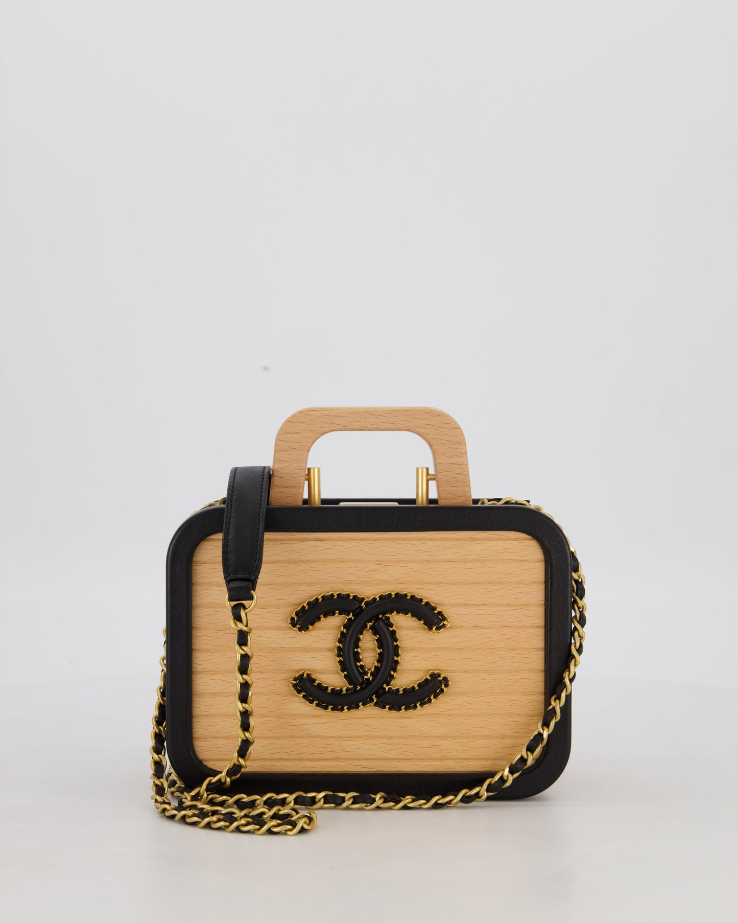 Chanel Brown Wooden Vanity Case Bag with Black CC Leather Chain Logo