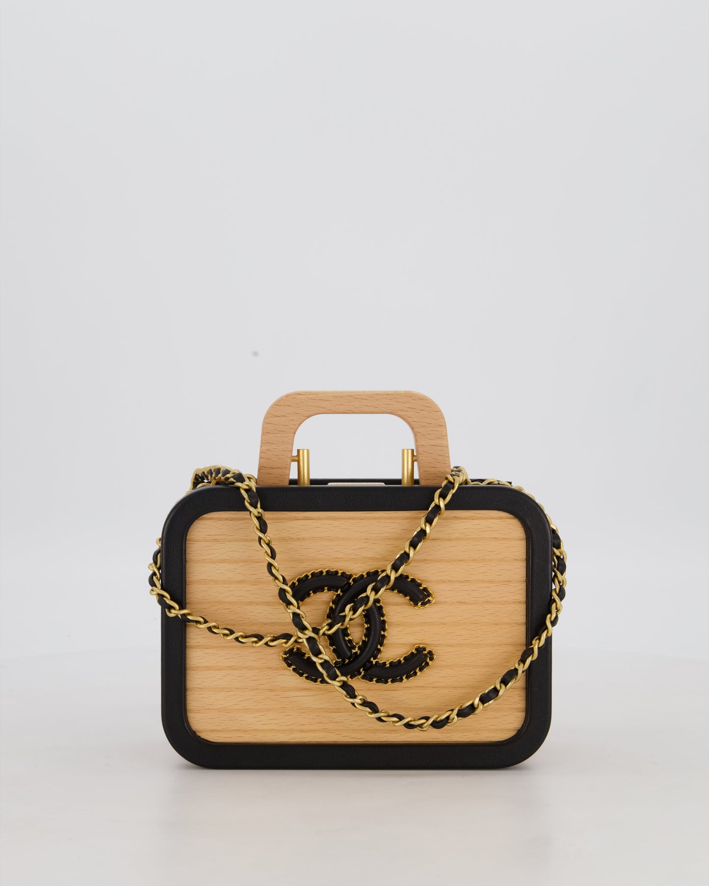 Chanel Brown Wooden Vanity Case Bag with Black CC Leather Chain Logo